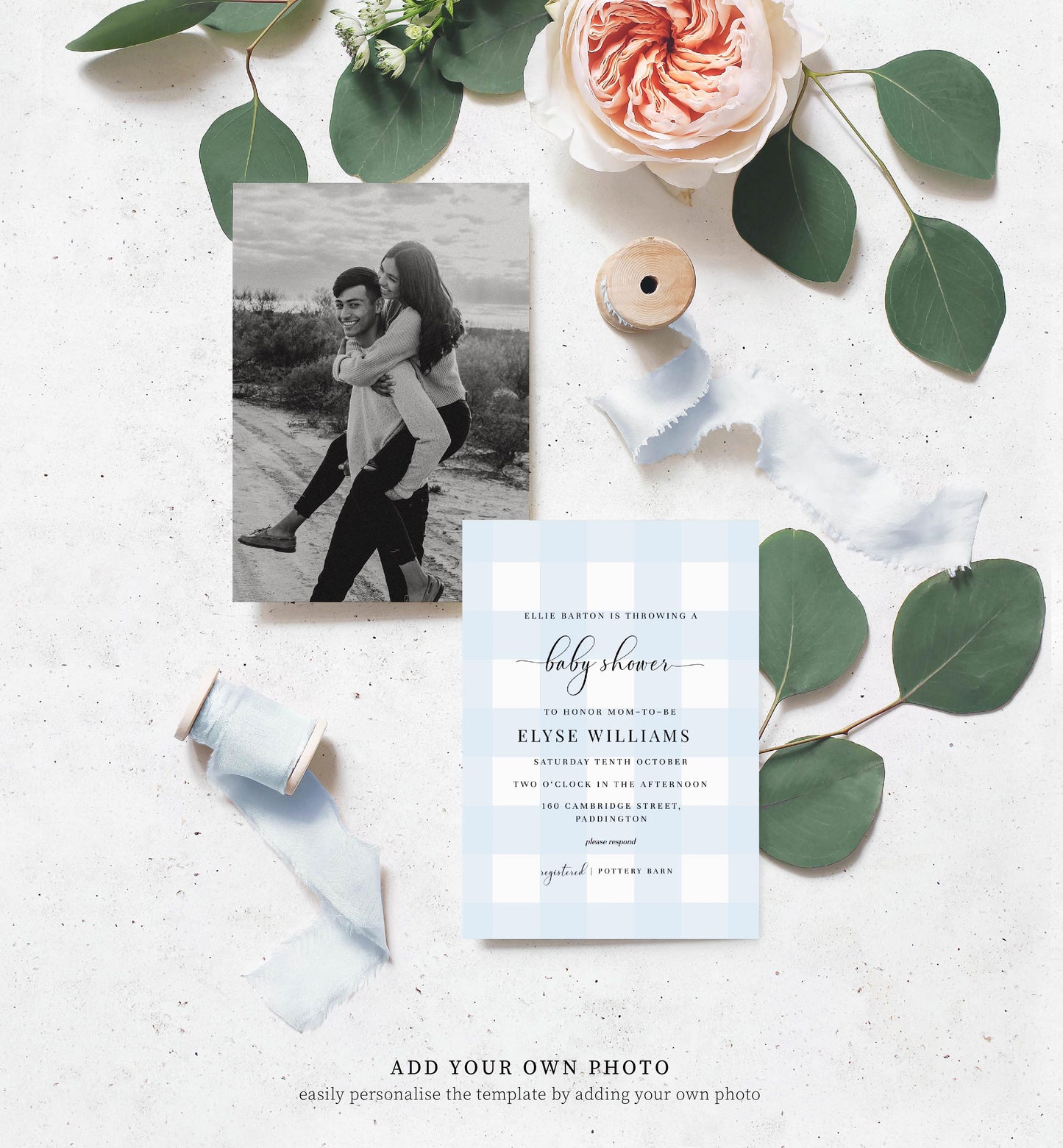 Gingham Blue | Printable Baby Shower Invitation Suite - Black Bow Studio