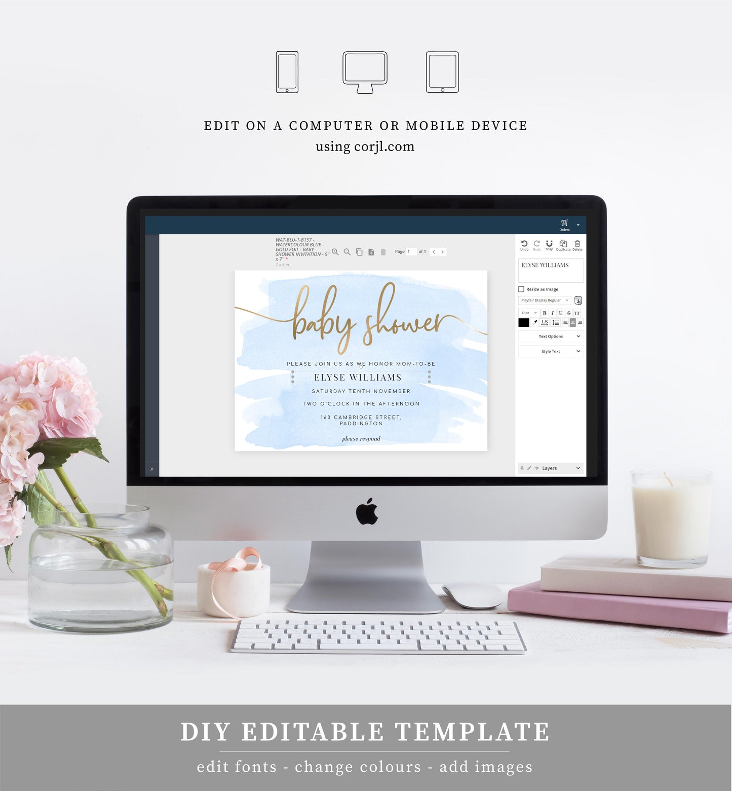 Watercolour Blue | Printable Baby Shower Invitation Suite - Black Bow Studio