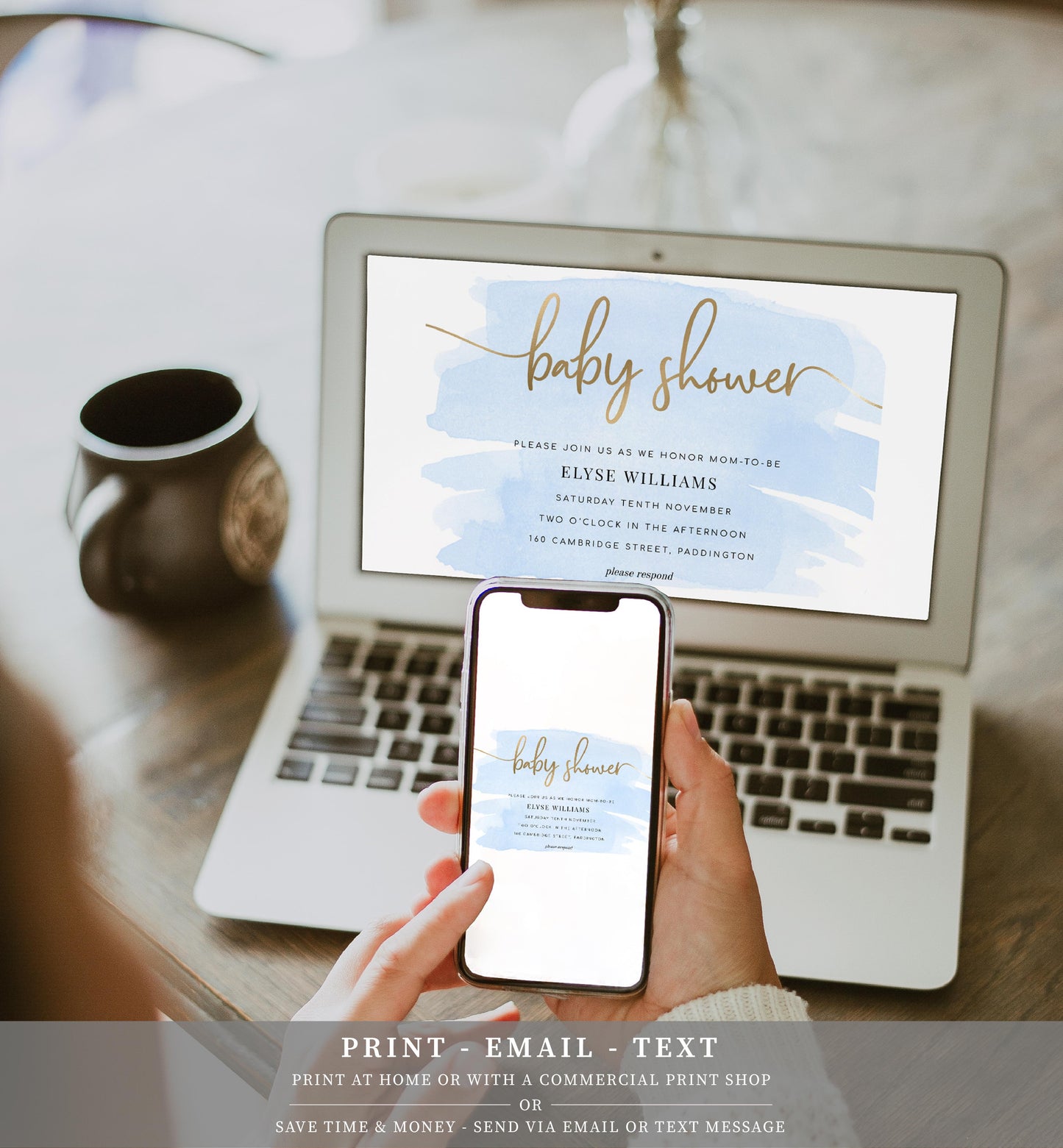 Watercolour Blue | Printable Baby Shower Invitation Suite - Black Bow Studio