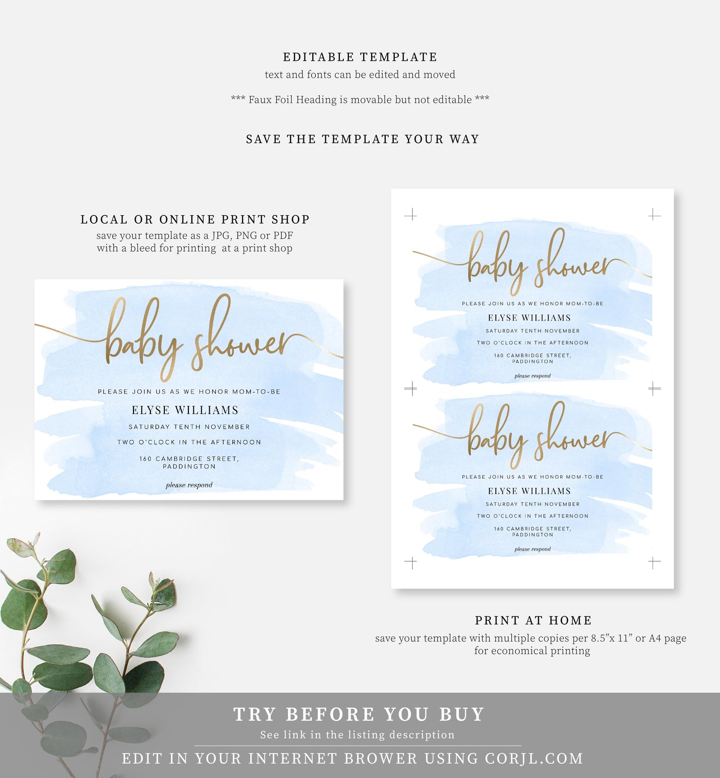 Watercolour Blue | Printable Baby Shower Invitation Suite - Black Bow Studio