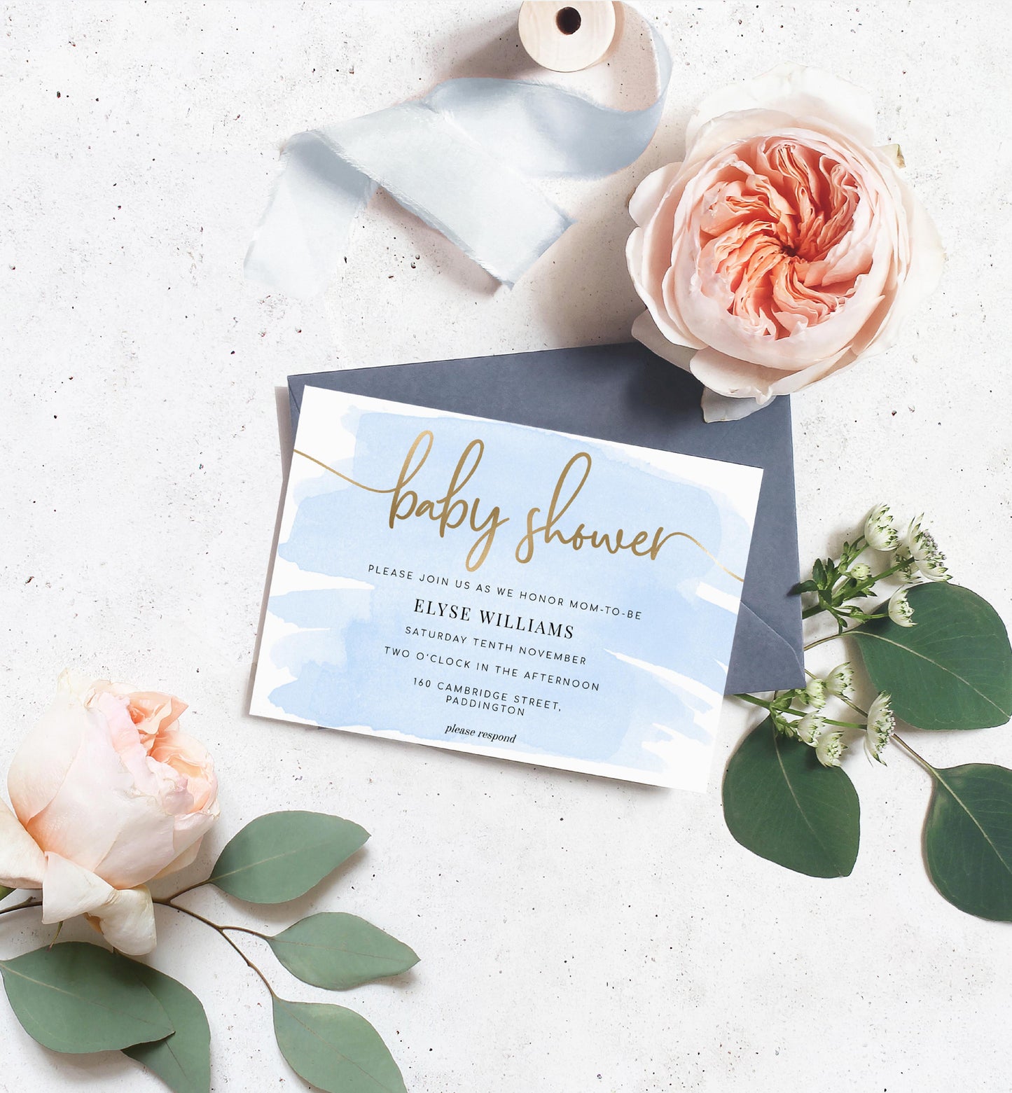 Watercolour Blue | Printable Baby Shower Invitation Suite - Black Bow Studio