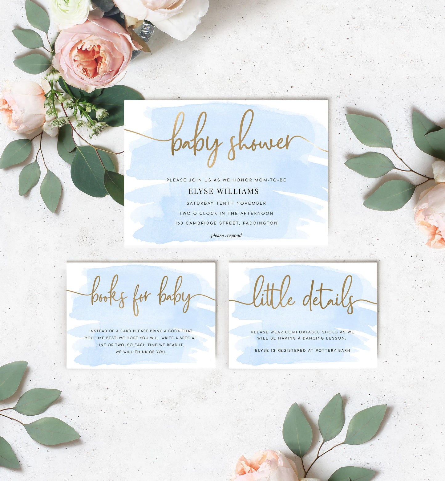 Watercolour Blue | Printable Baby Shower Invitation Suite - Black Bow Studio