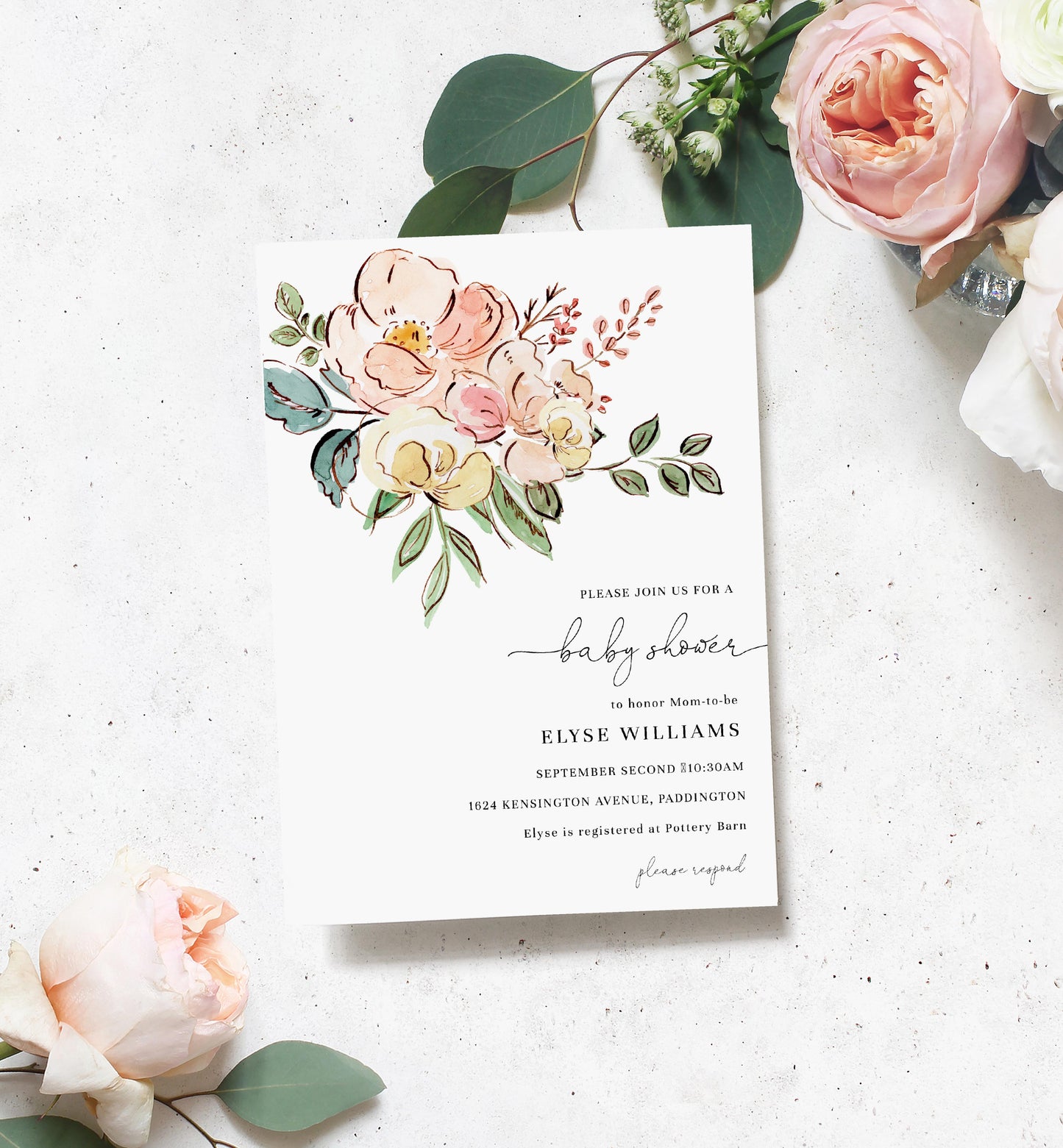 Cambridge Floral Multi | Printable Baby Shower Invitation Suite Template - Black Bow Studio
