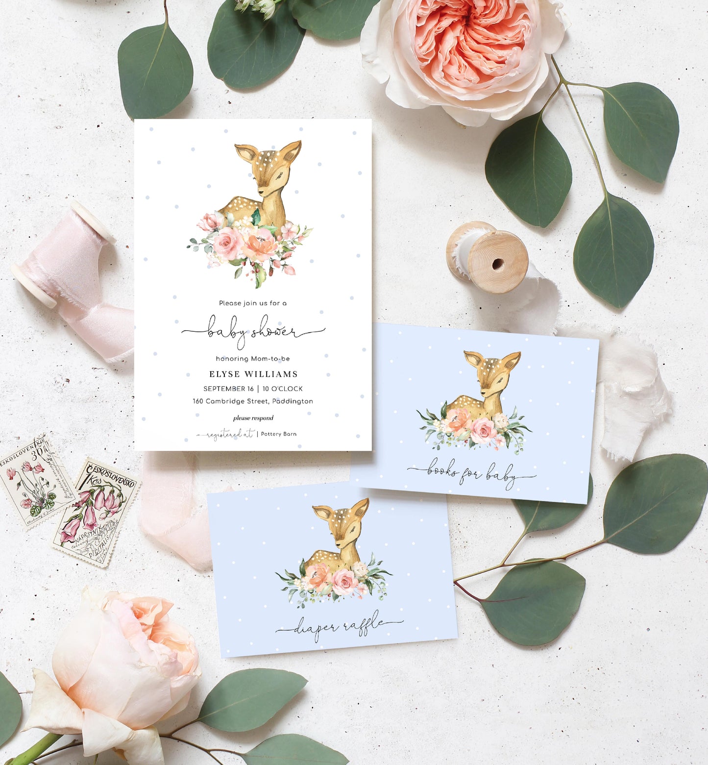 Oh Deer Blue | Baby Shower Invitation Suite - Black Bow Studio