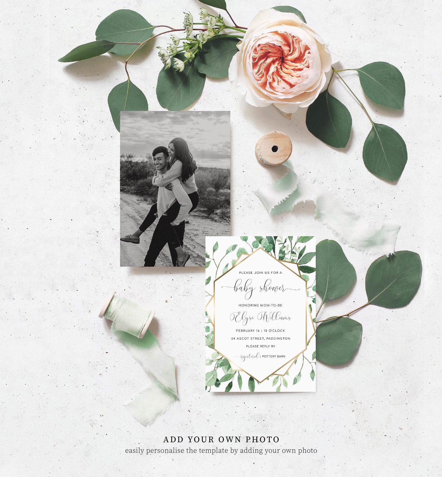 Everly Greenery | Printable Baby Shower Invitation Suite Template