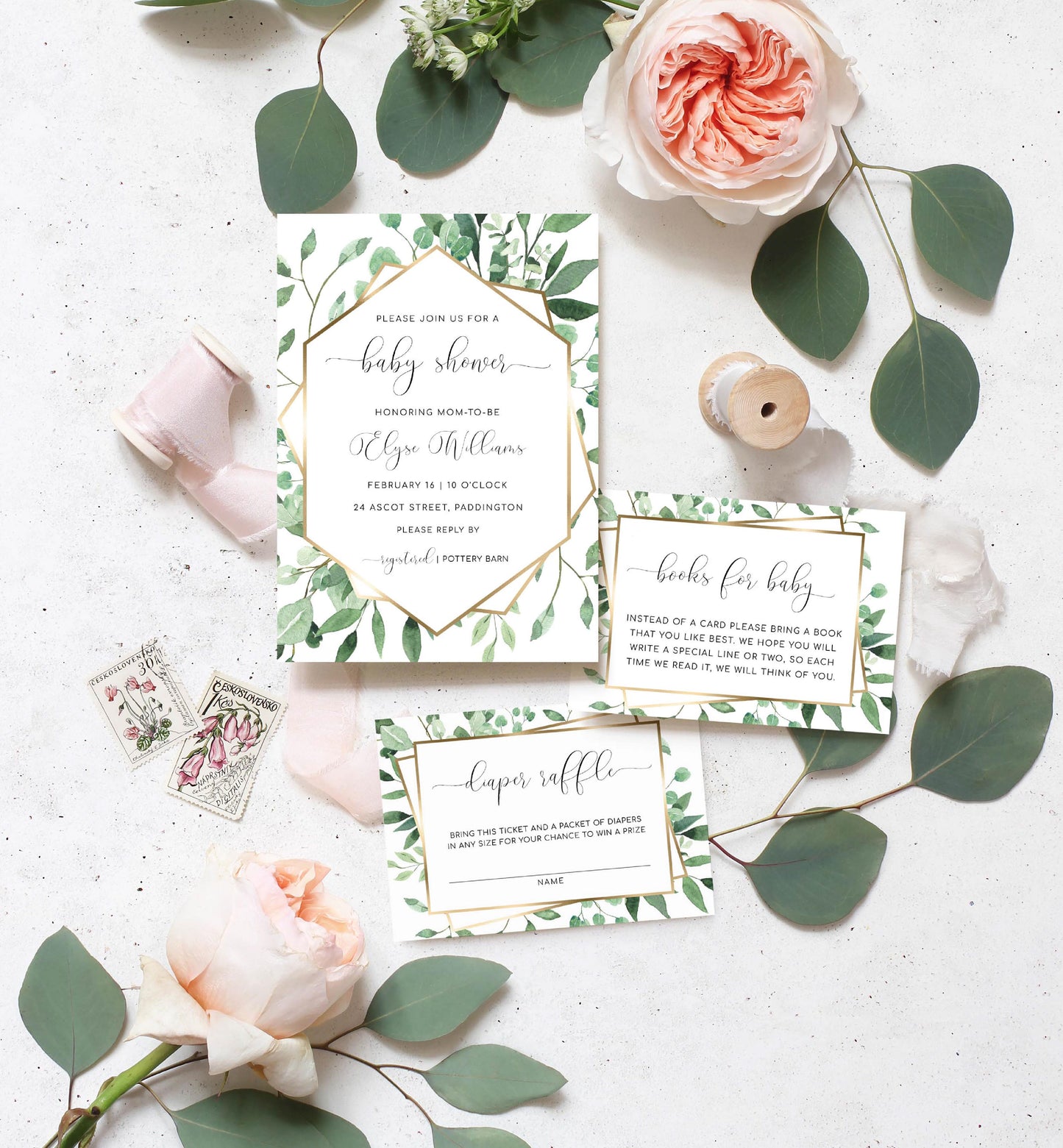 Everly Greenery | Printable Baby Shower Invitation Suite Template