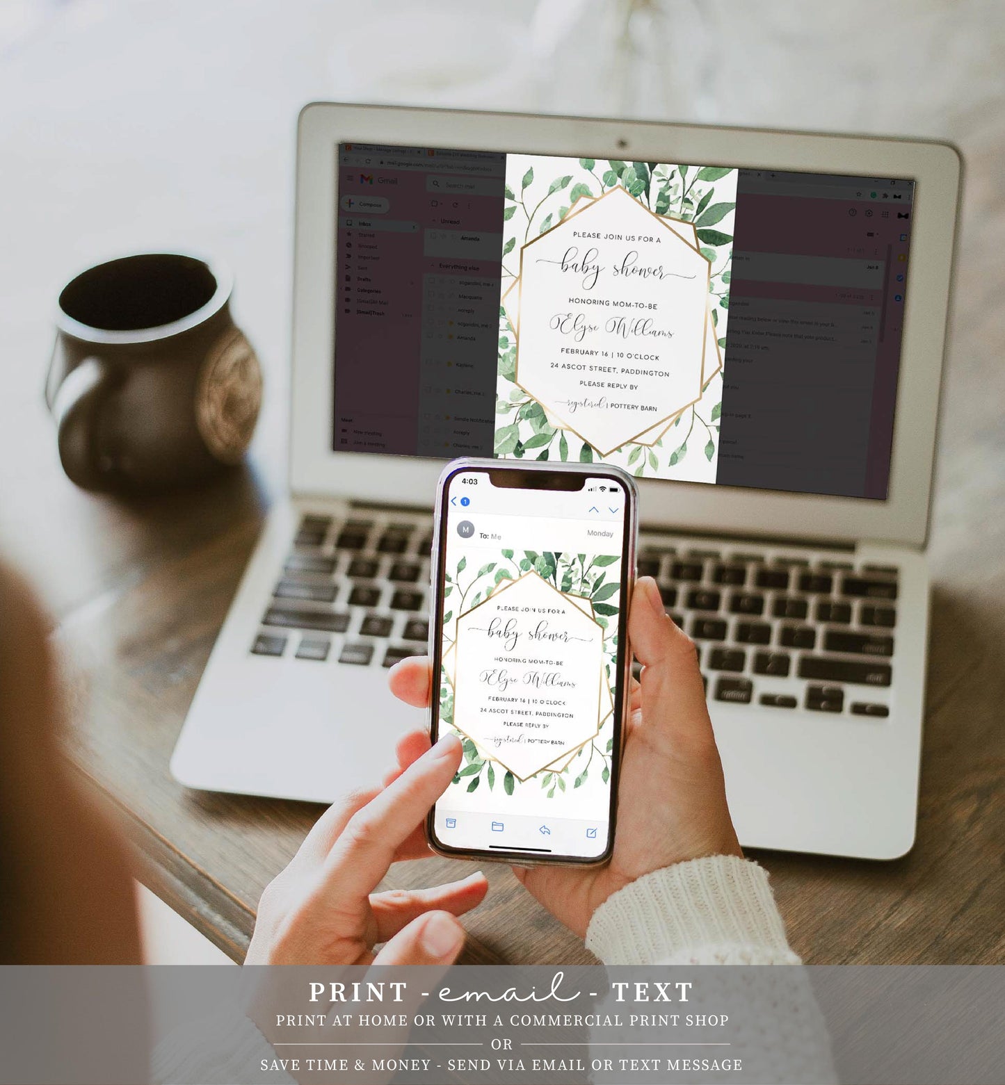 Everly Greenery | Printable Baby Shower Invitation Suite Template