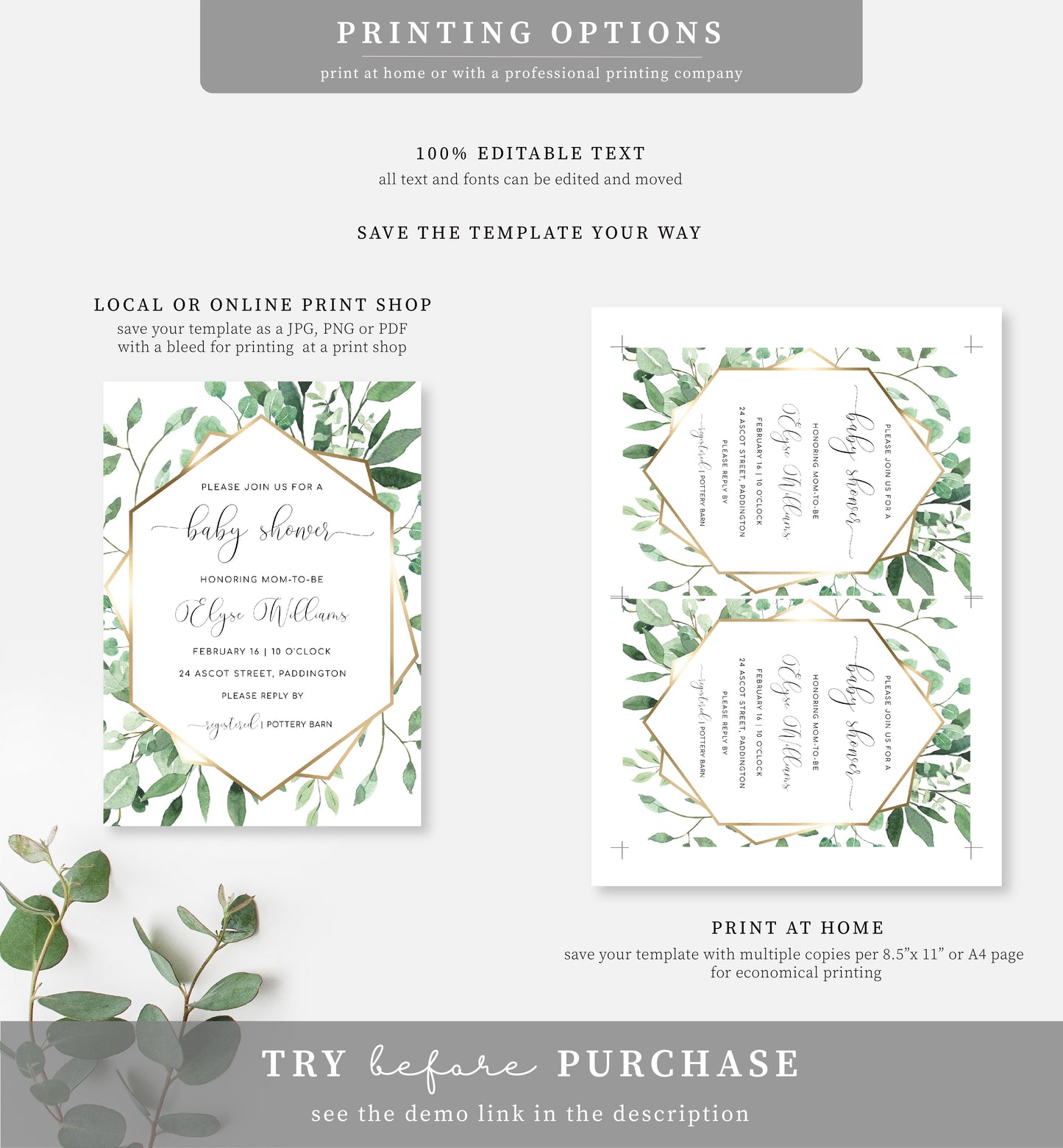 Everly Greenery | Printable Baby Shower Invitation Suite Template