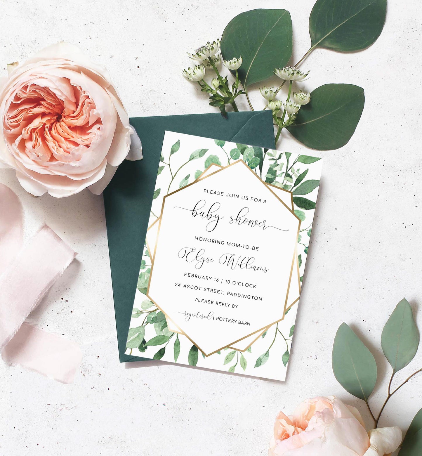 Everly Greenery | Printable Baby Shower Invitation Suite Template