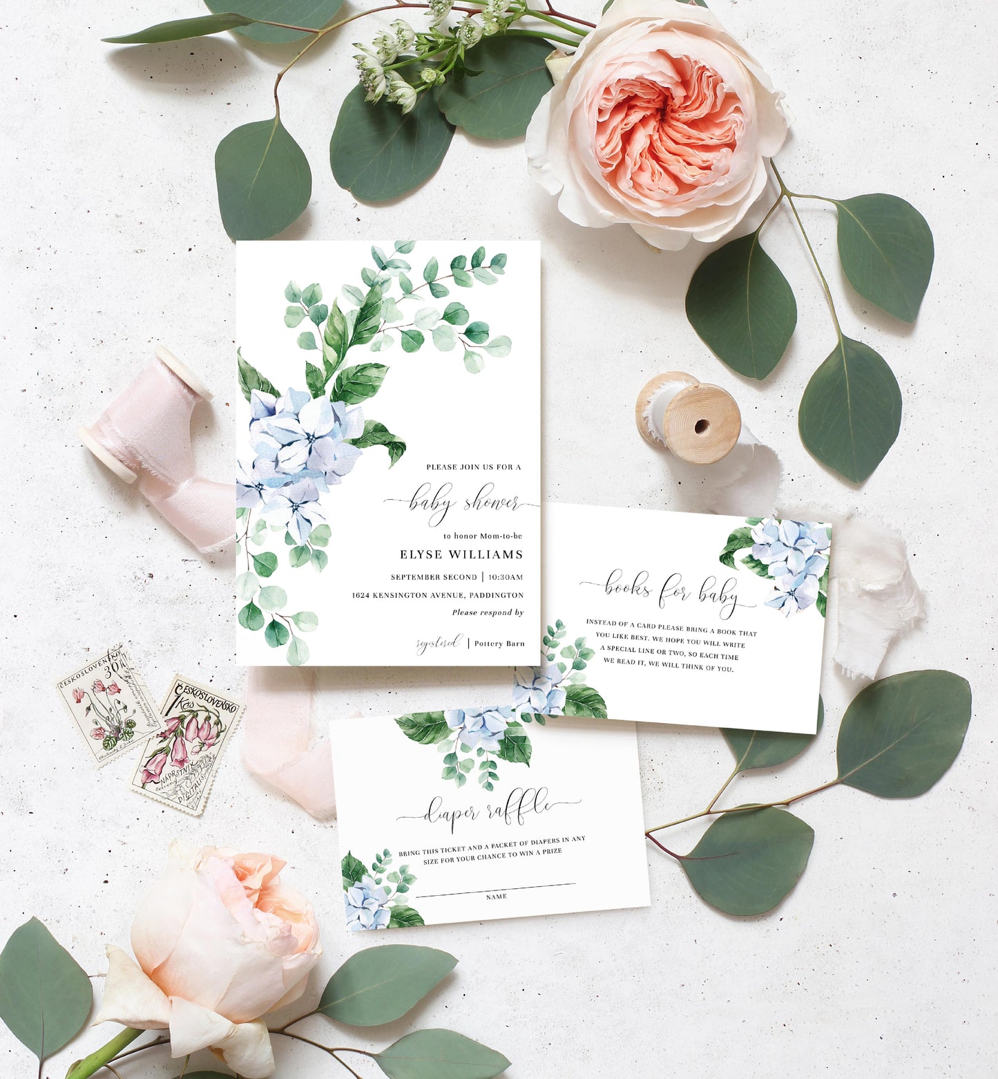 Ferras Blossom Blue | Printable Baby Shower Invitation Suite - Black Bow Studio