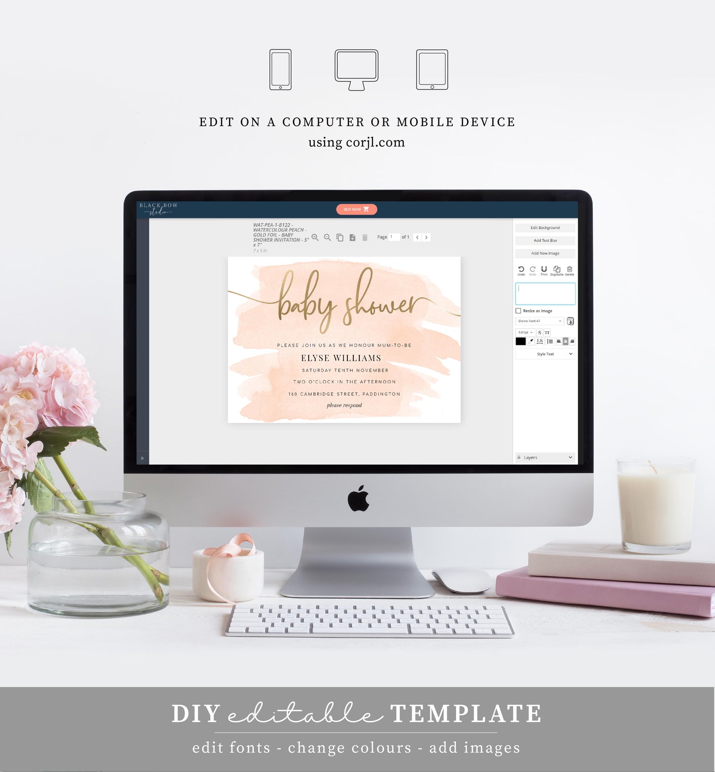 Watercolour Peach | Printable Baby Shower Invitation Suite - Black Bow Studio