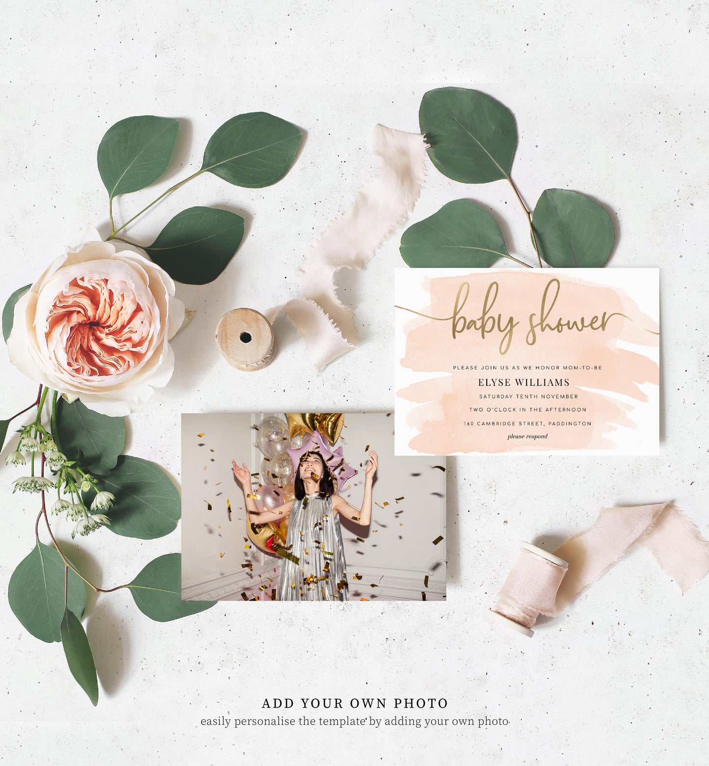 Watercolour Peach | Printable Baby Shower Invitation Suite - Black Bow Studio
