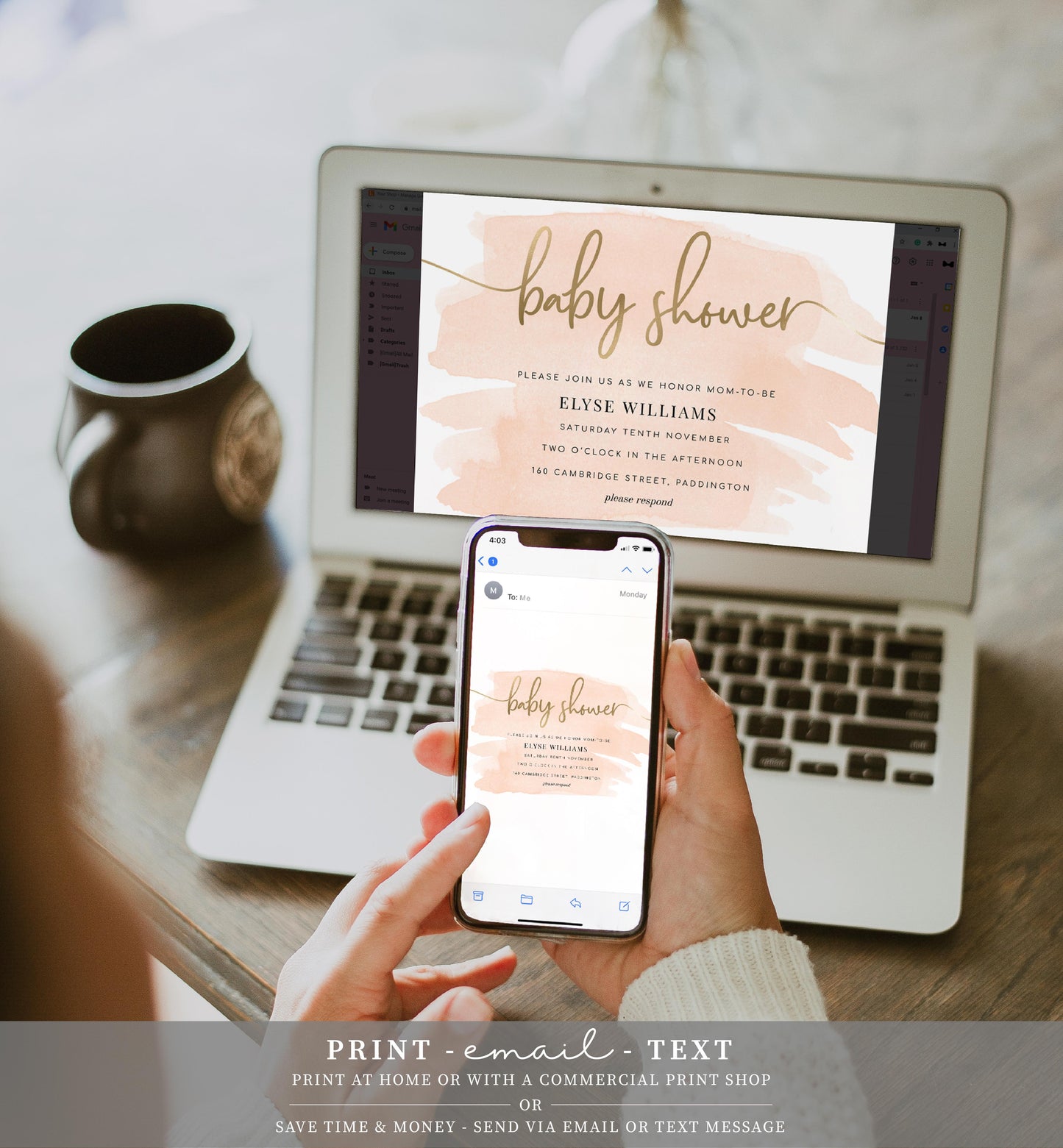 Watercolour Peach | Printable Baby Shower Invitation Suite - Black Bow Studio
