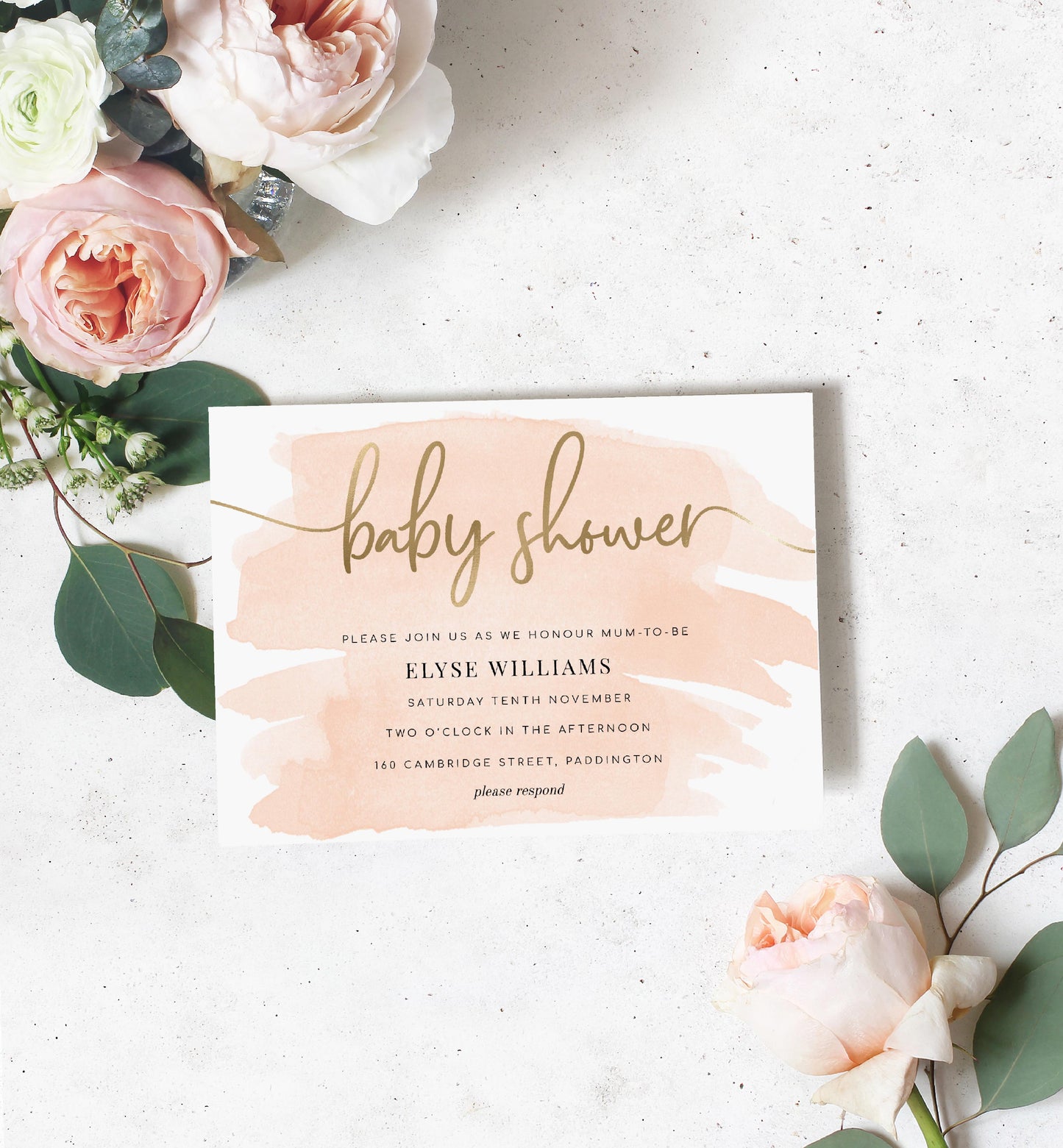 Watercolour Peach | Printable Baby Shower Invitation Suite - Black Bow Studio