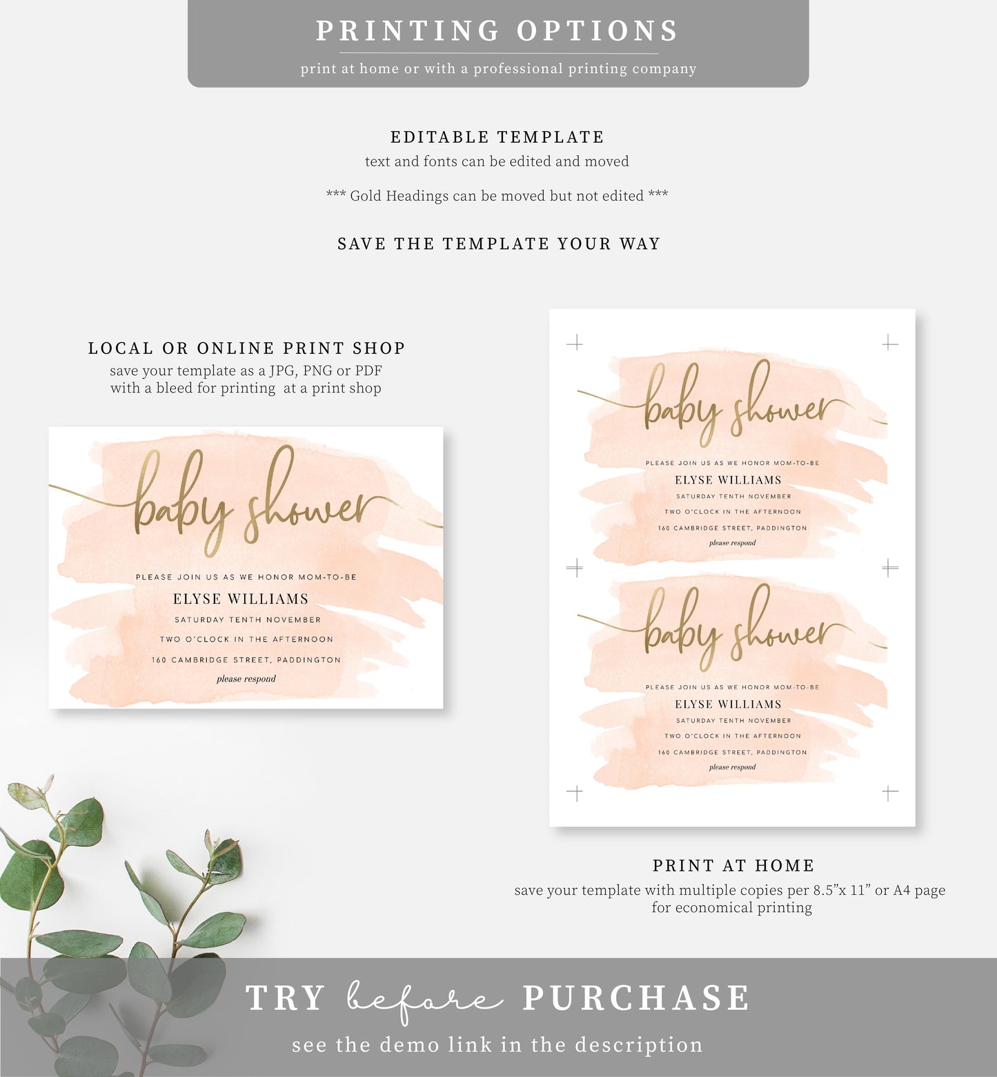 Watercolour Peach | Printable Baby Shower Invitation Suite - Black Bow Studio
