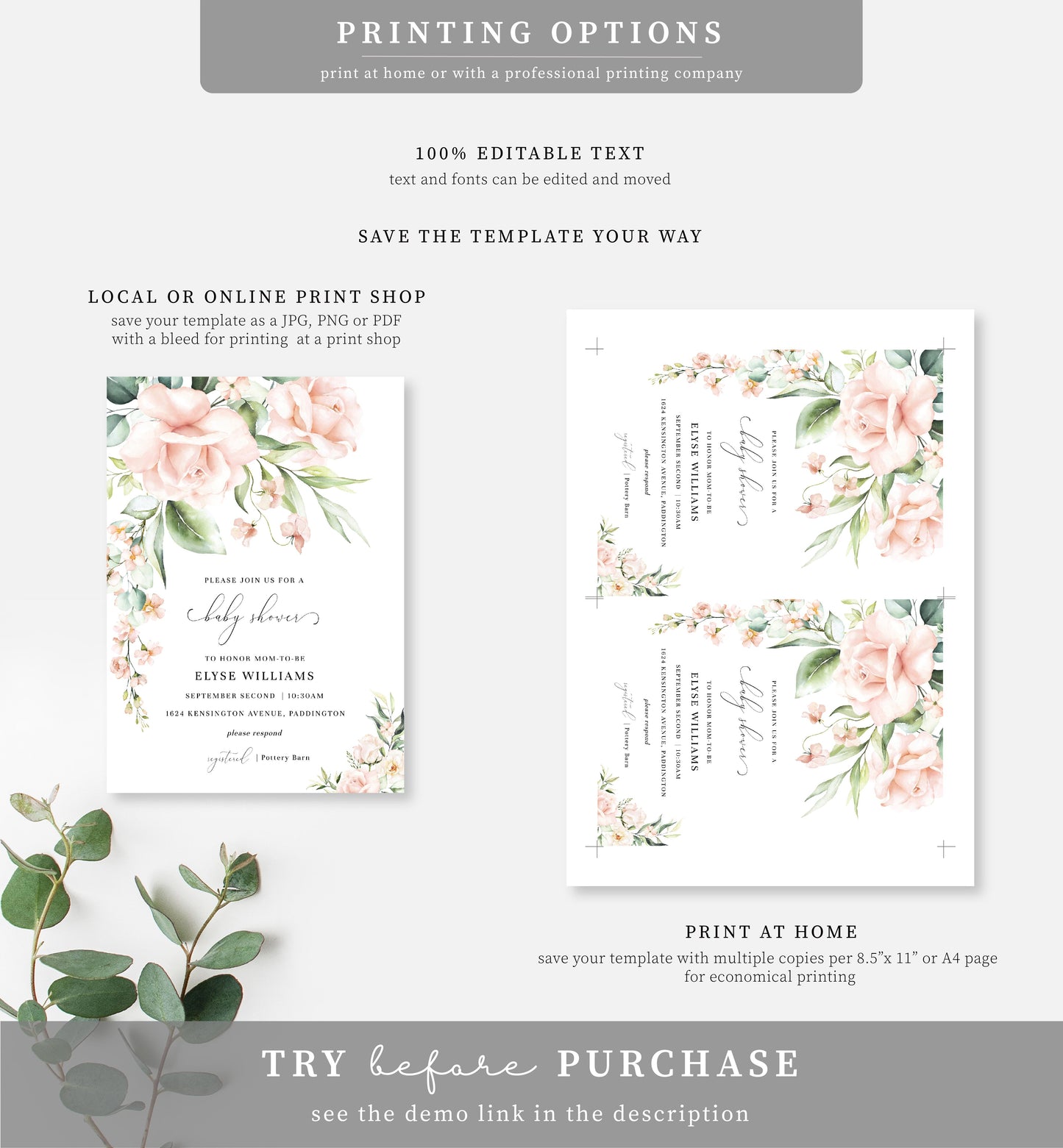 Pemberley Floral Pink | Printable Baby Shower Invitation Suite - Black Bow Studio