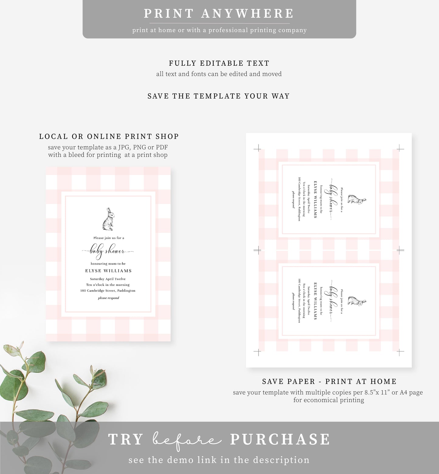 Gingham Pink Bunny | Printable Baby Shower Invitation Suite Template