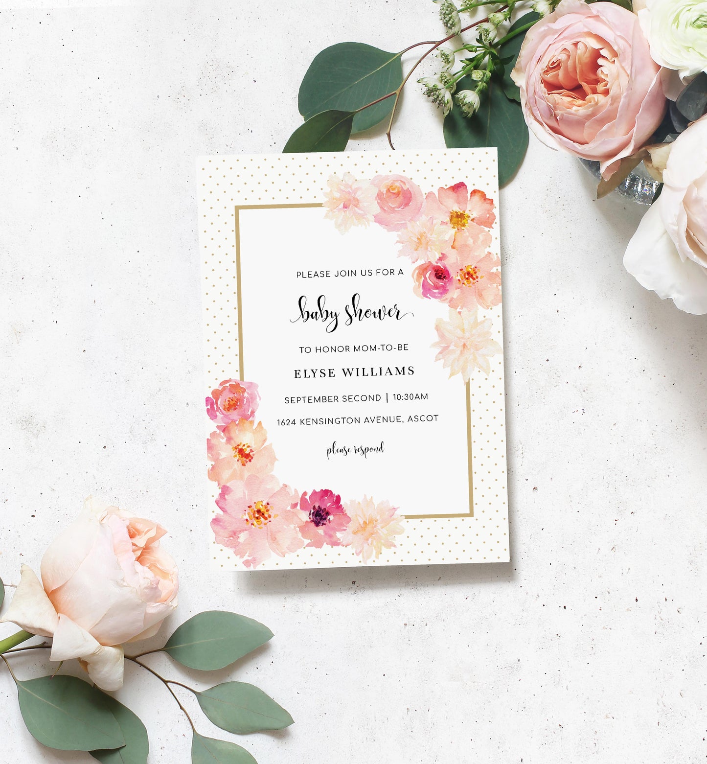 Abbieville Floral White | Printable Baby Shower Invitation Suite Template - Black Bow Studio