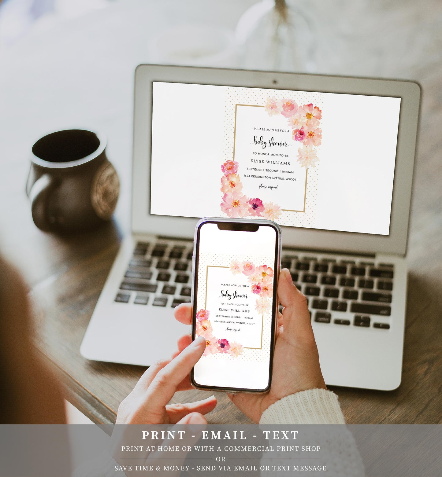 Abbieville Floral White | Printable Baby Shower Invitation Suite Template - Black Bow Studio