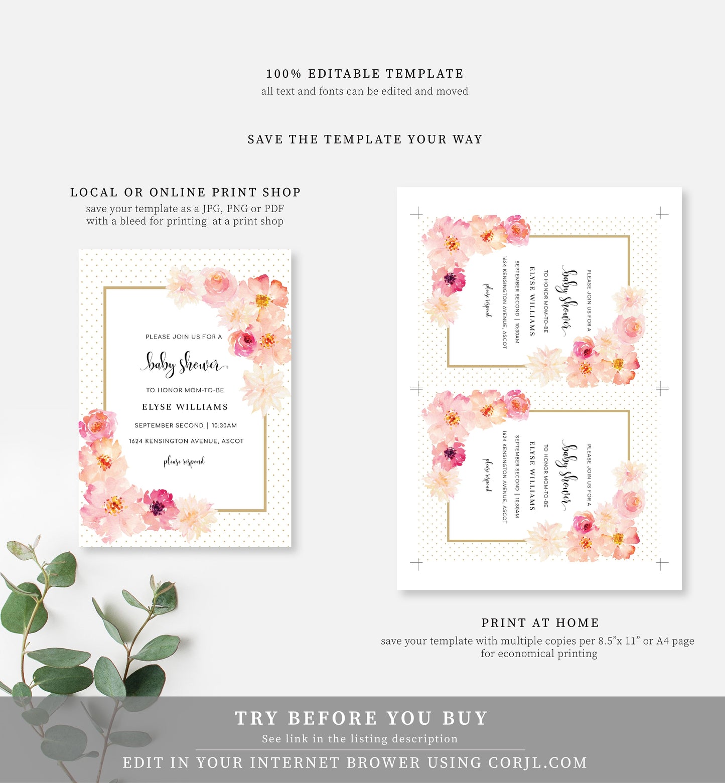 Abbieville Floral White | Printable Baby Shower Invitation Suite Template - Black Bow Studio