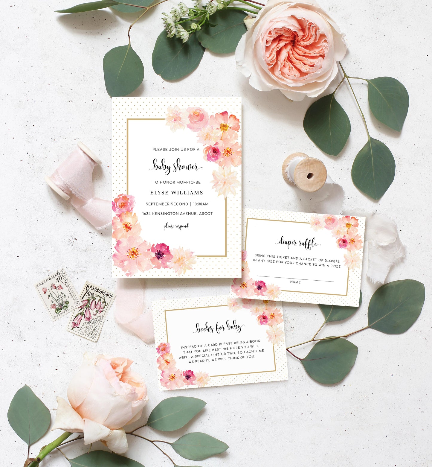 Abbieville Floral White | Printable Baby Shower Invitation Suite Template - Black Bow Studio