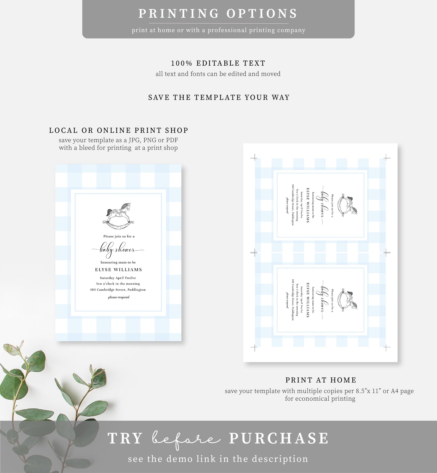 Gingham Blue Rocking Horse | Printable Baby Shower Invitation Suite