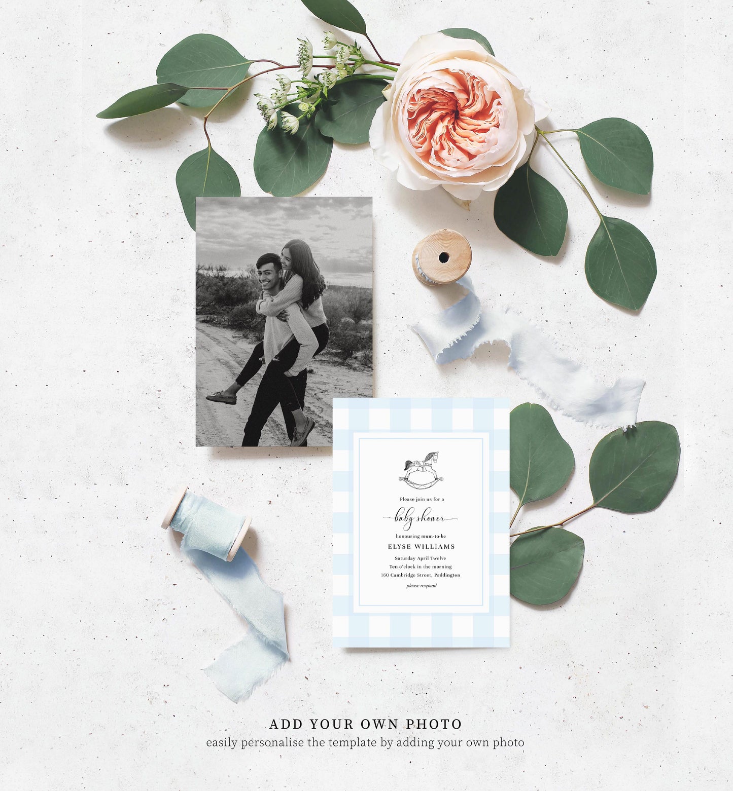 Gingham Blue Rocking Horse | Printable Baby Shower Invitation Suite