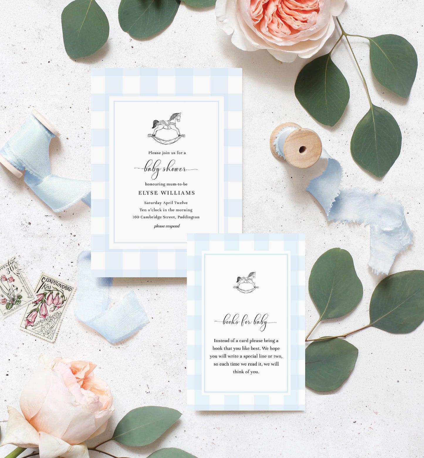 Gingham Blue Rocking Horse | Printable Baby Shower Invitation Suite