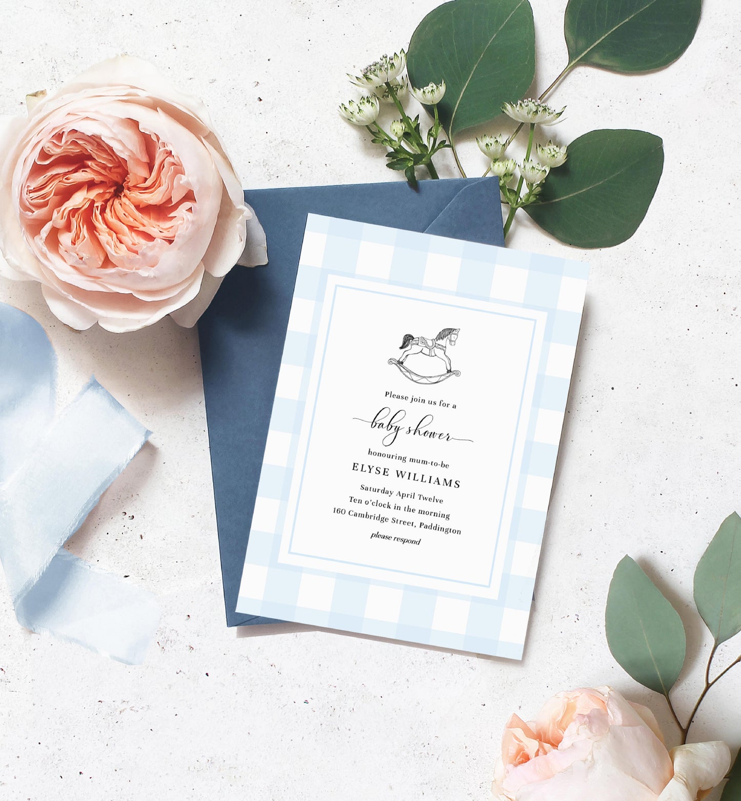 Gingham Blue Rocking Horse | Printable Baby Shower Invitation Suite