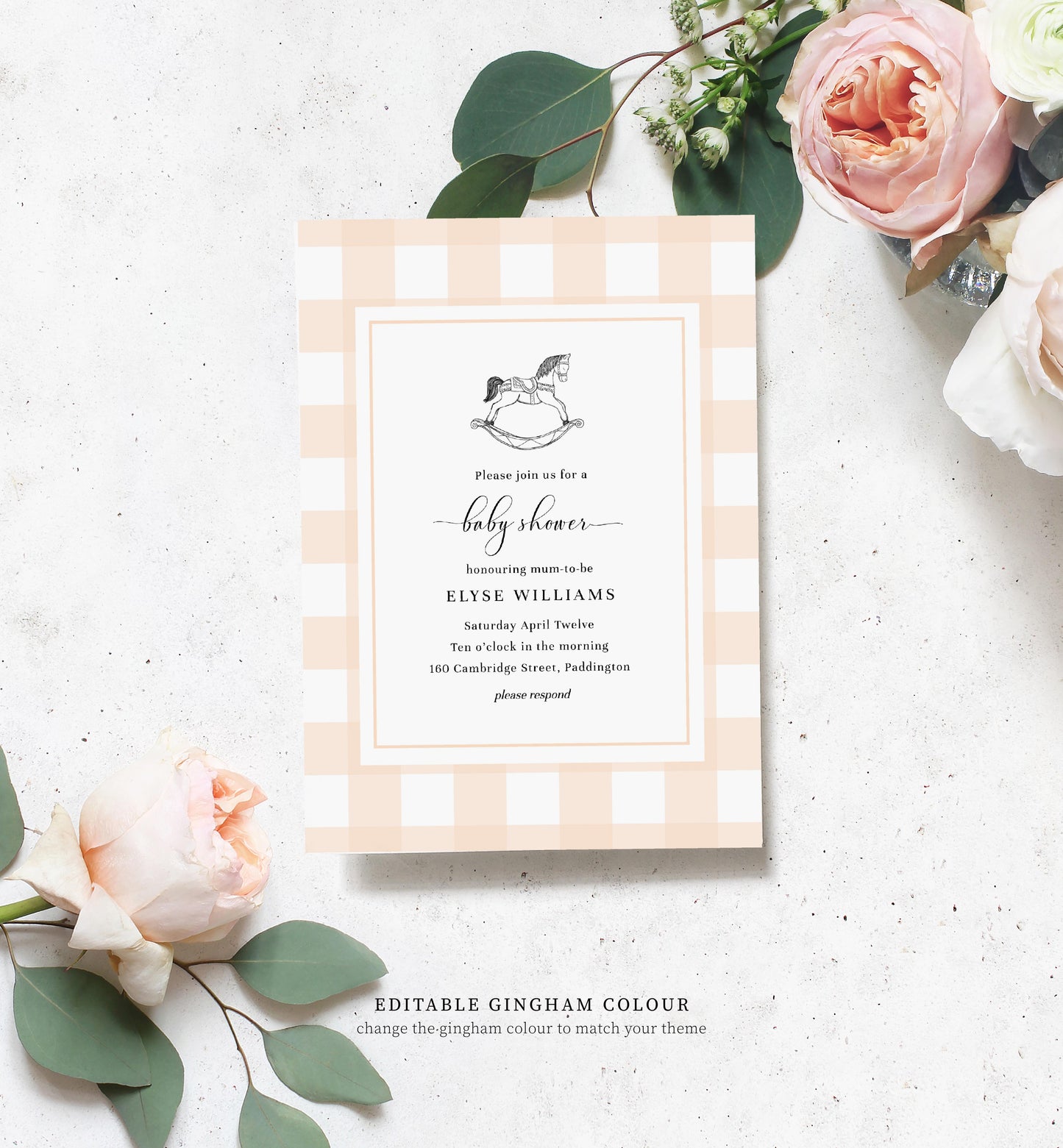 Gingham Blue Rocking Horse | Printable Baby Shower Invitation Suite