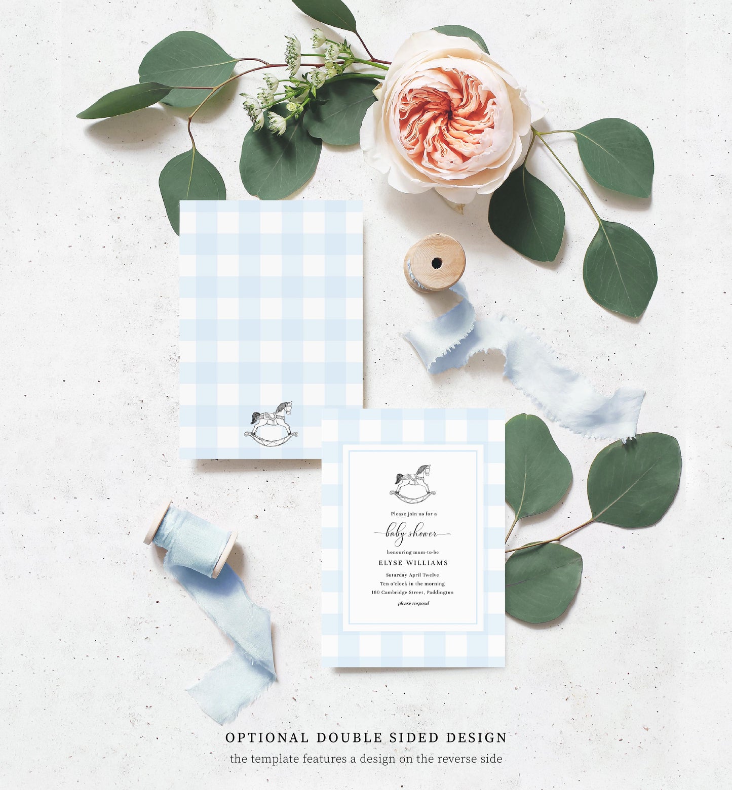 Gingham Blue Rocking Horse | Printable Baby Shower Invitation Suite