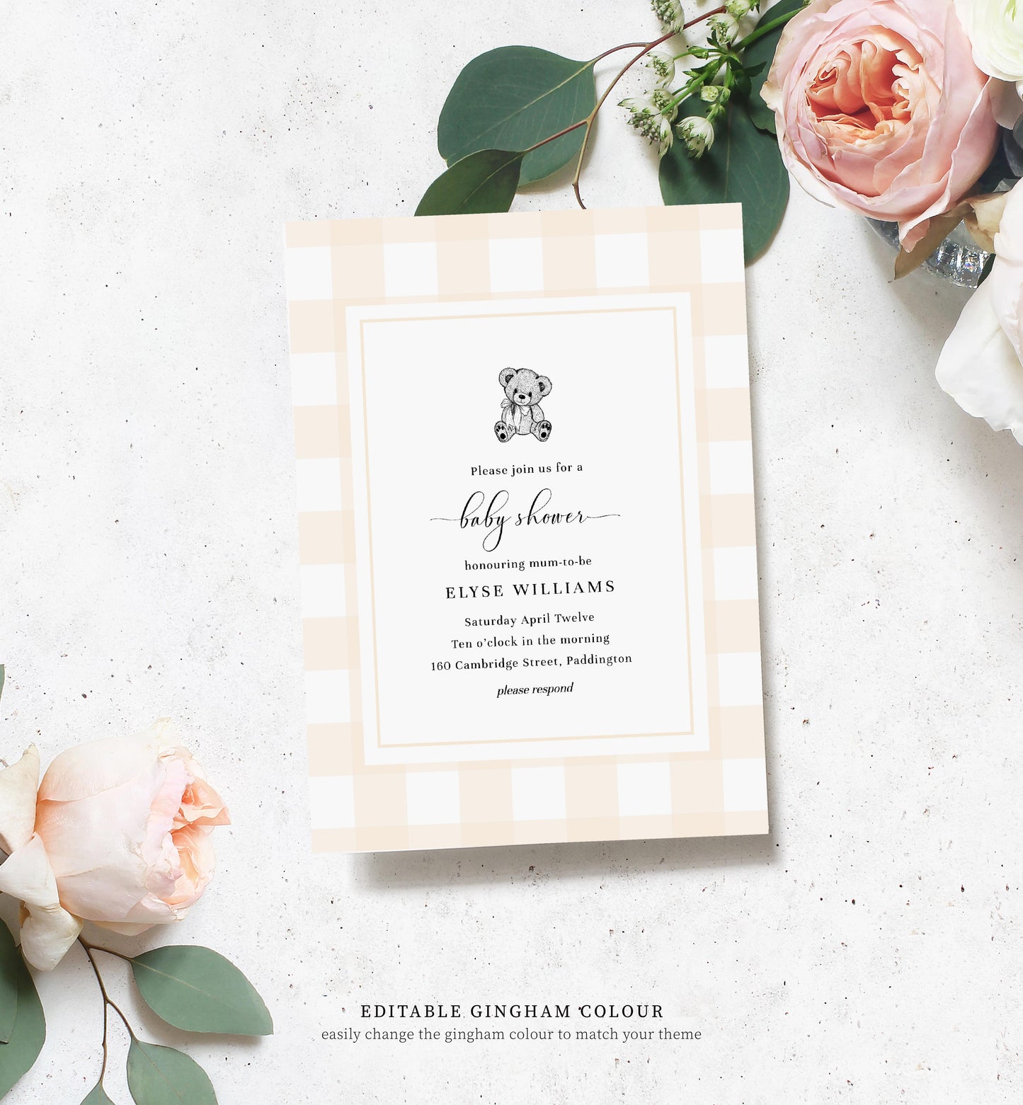 Gingham Tan Bear | Printable Baby Shower Invitation Template