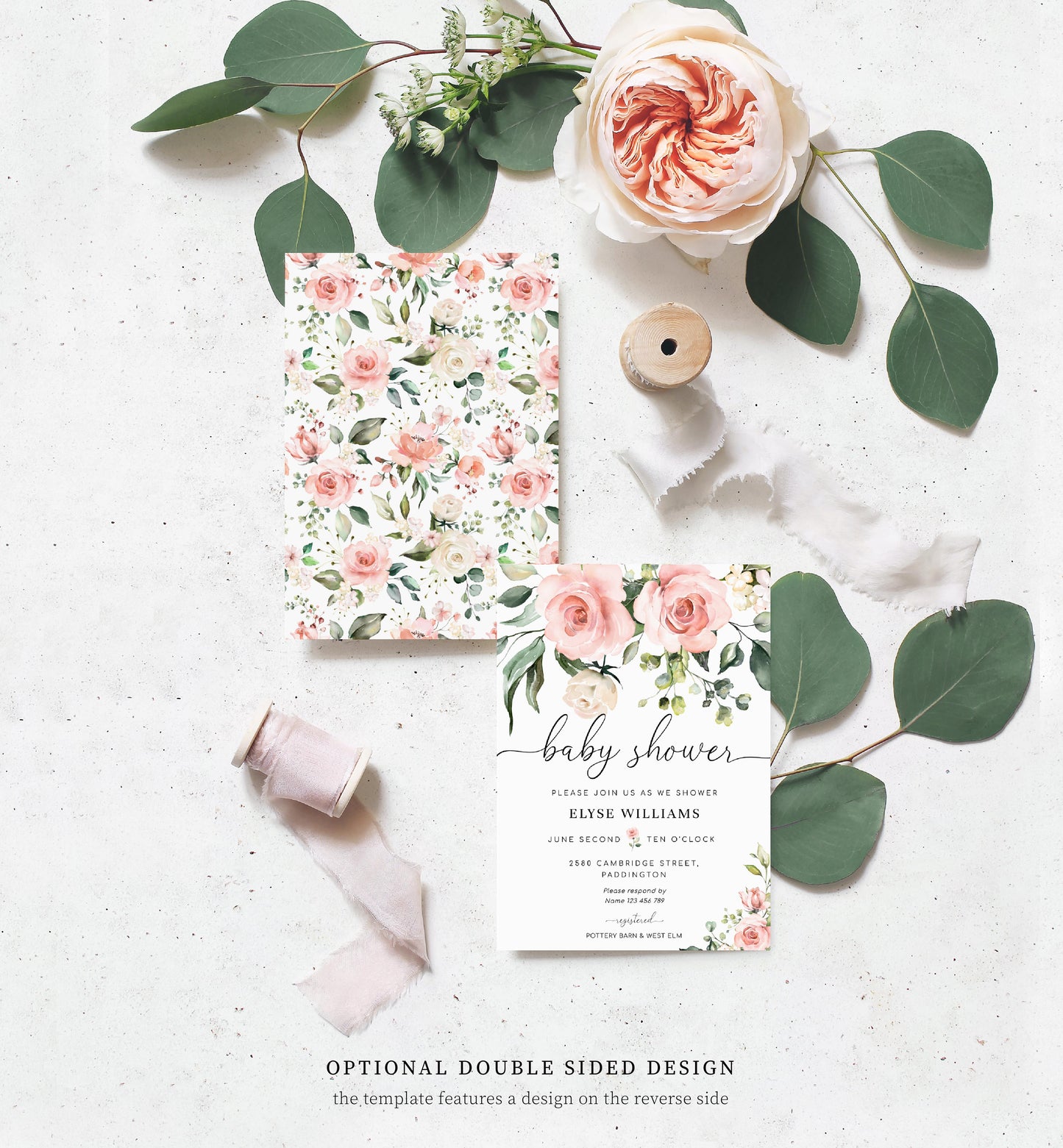 Darcy Floral Pink | Printable Baby Shower Invitation Suite Template - Black Bow Studio