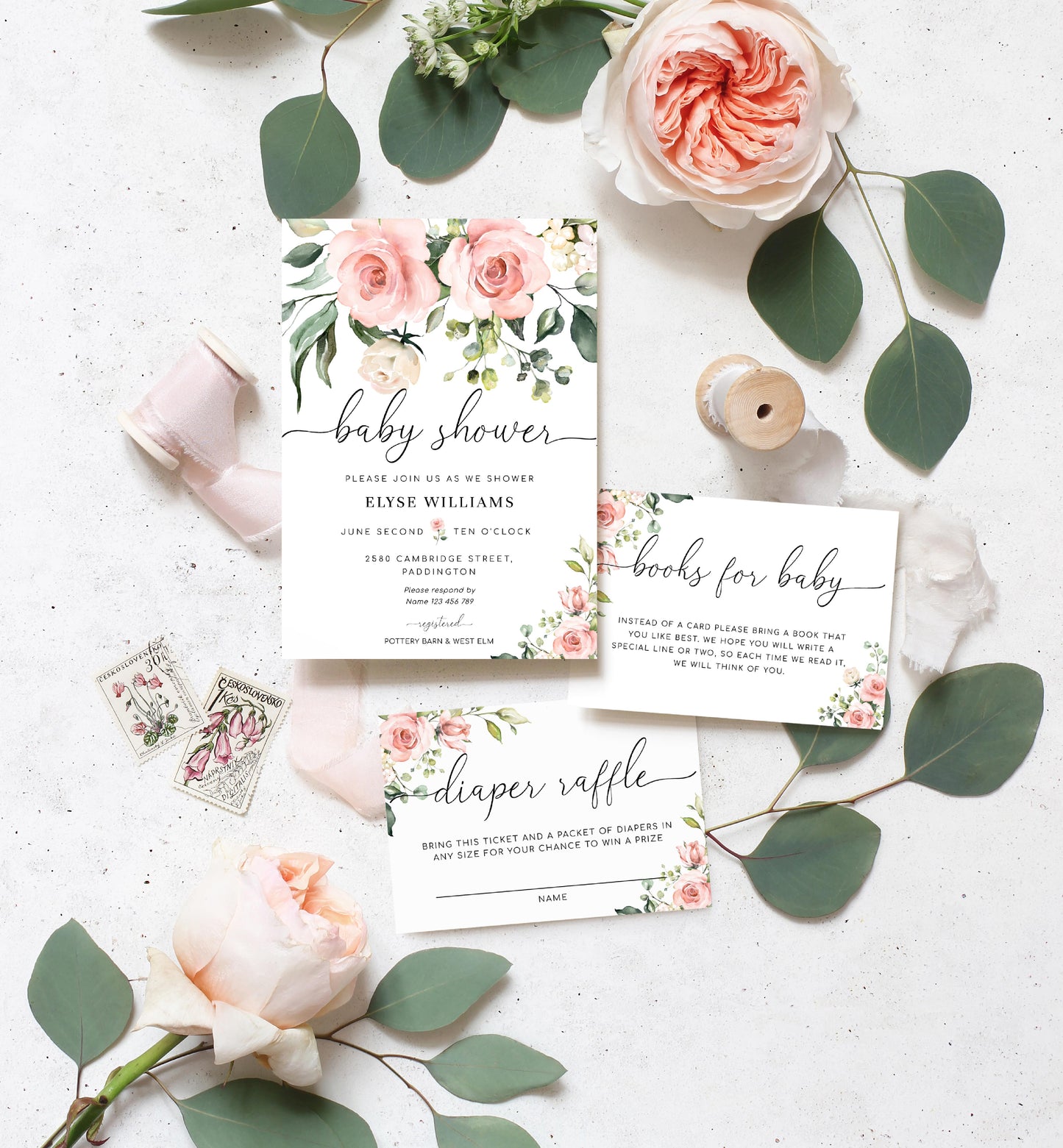 Darcy Floral Pink | Printable Baby Shower Invitation Suite Template - Black Bow Studio