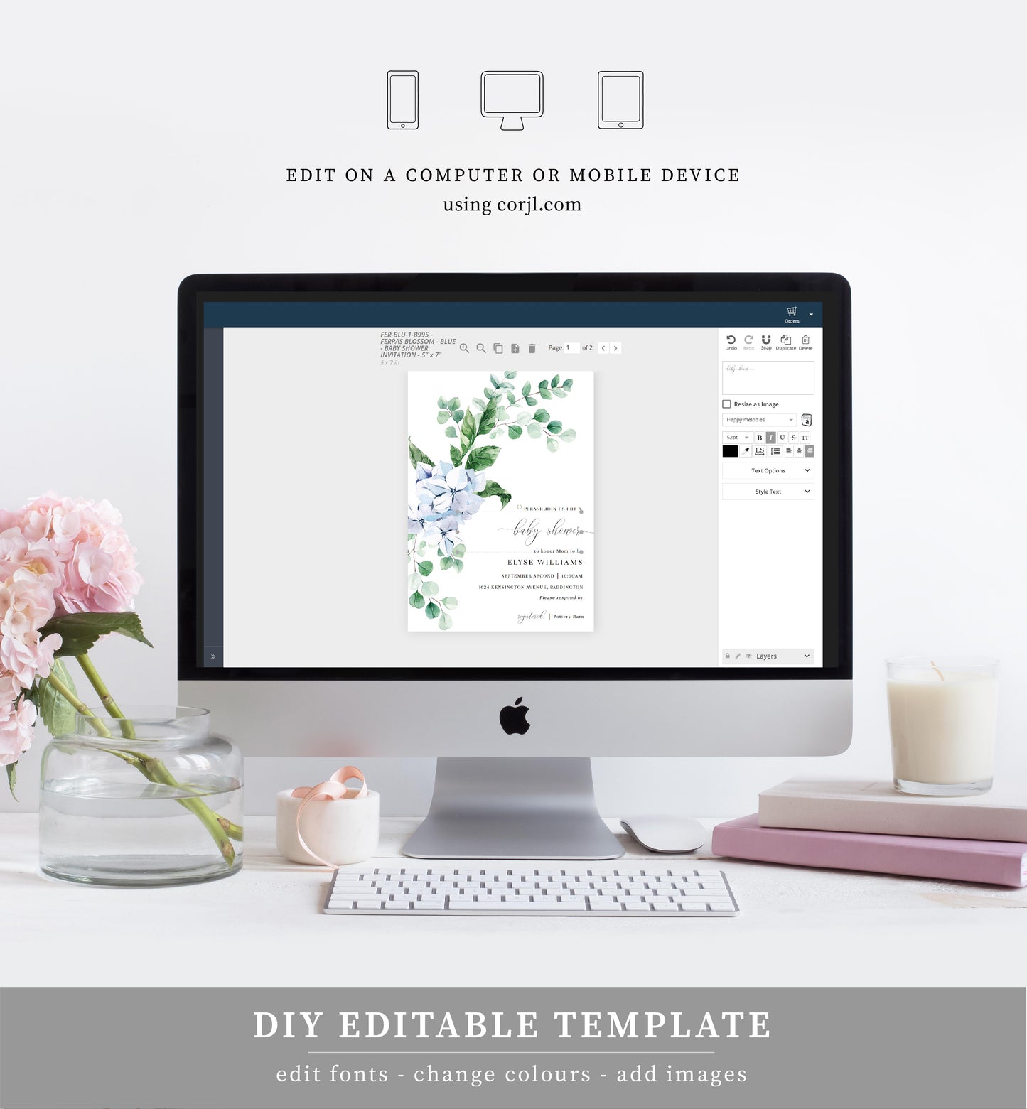 Ferras Blossom Blue | Printable Baby Shower Invitation Suite - Black Bow Studio