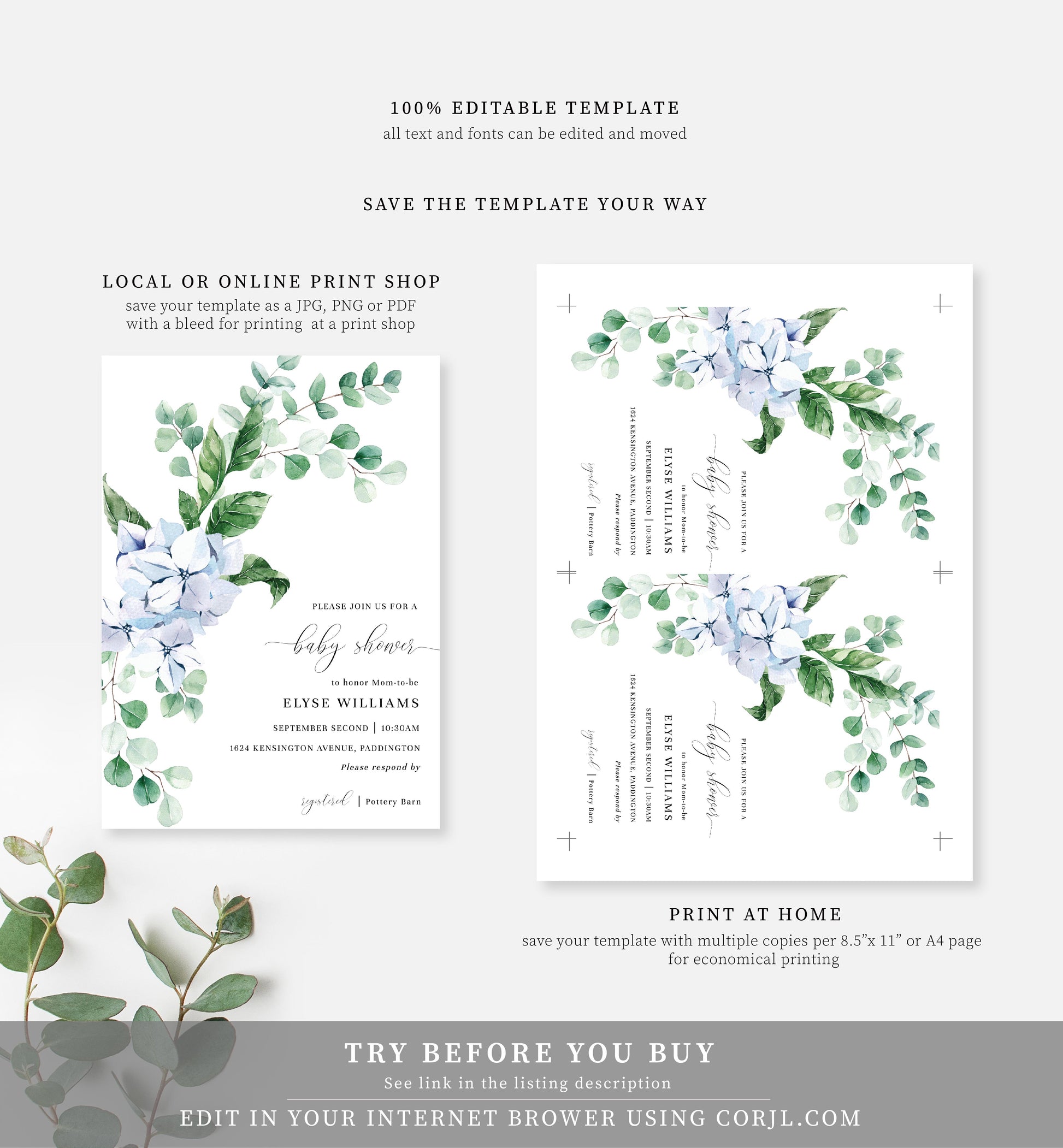 Ferras Blossom Blue | Printable Baby Shower Invitation Suite - Black Bow Studio