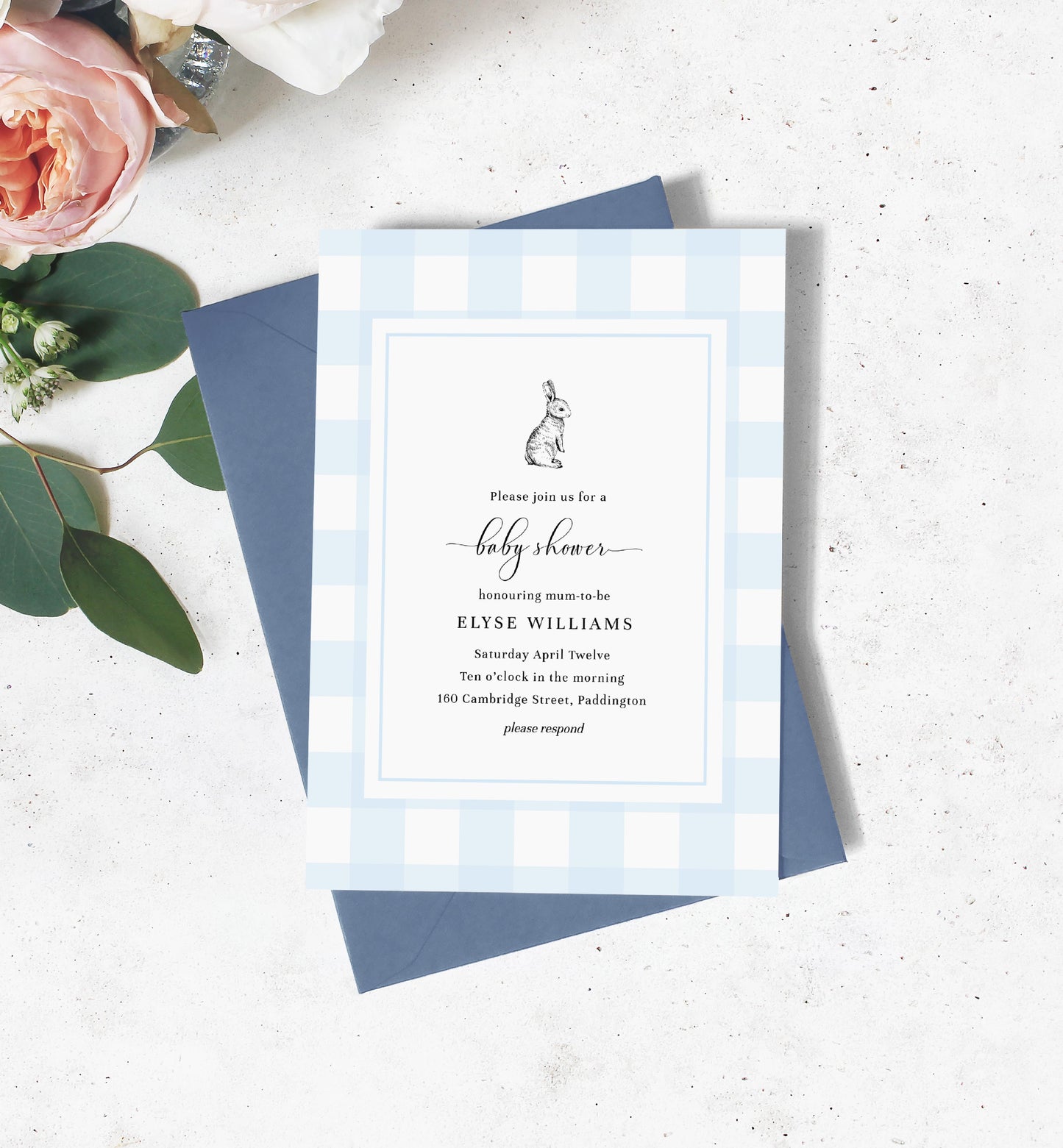 Gingham Blue Bunny | Printable Baby Shower Invitation Suite Template - Black Bow Studio