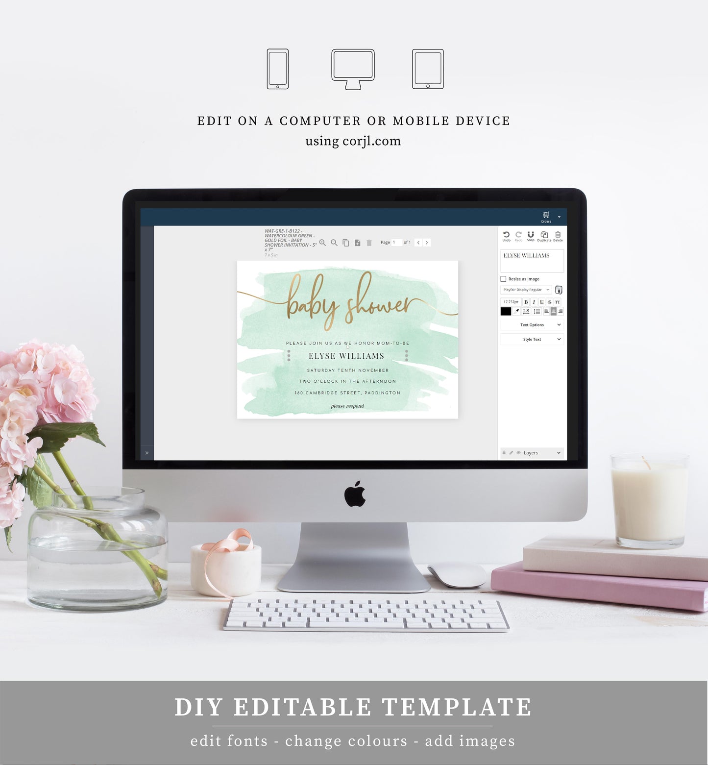 Watercolour Green | Printable Baby Shower Invitation Suite - Black Bow Studio