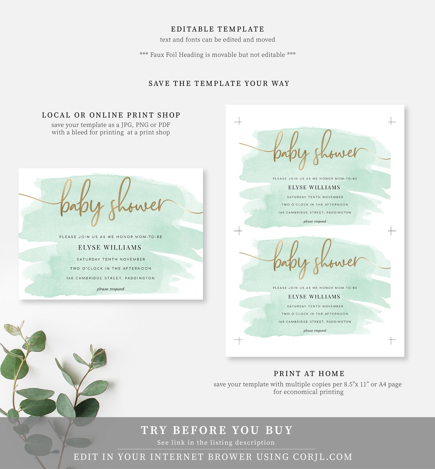 Watercolour Green | Printable Baby Shower Invitation Suite - Black Bow Studio