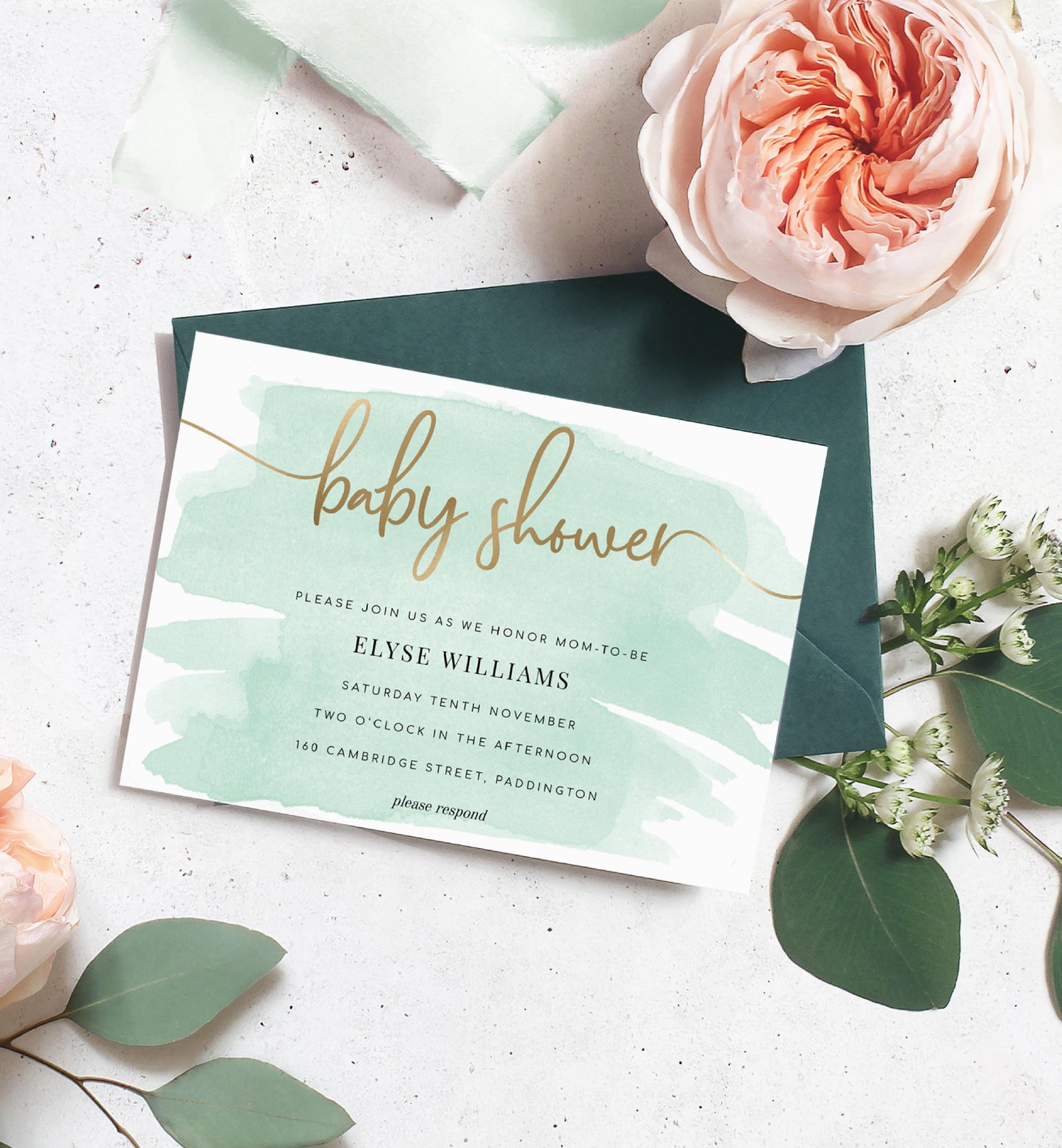 Watercolour Green | Printable Baby Shower Invitation Suite - Black Bow Studio