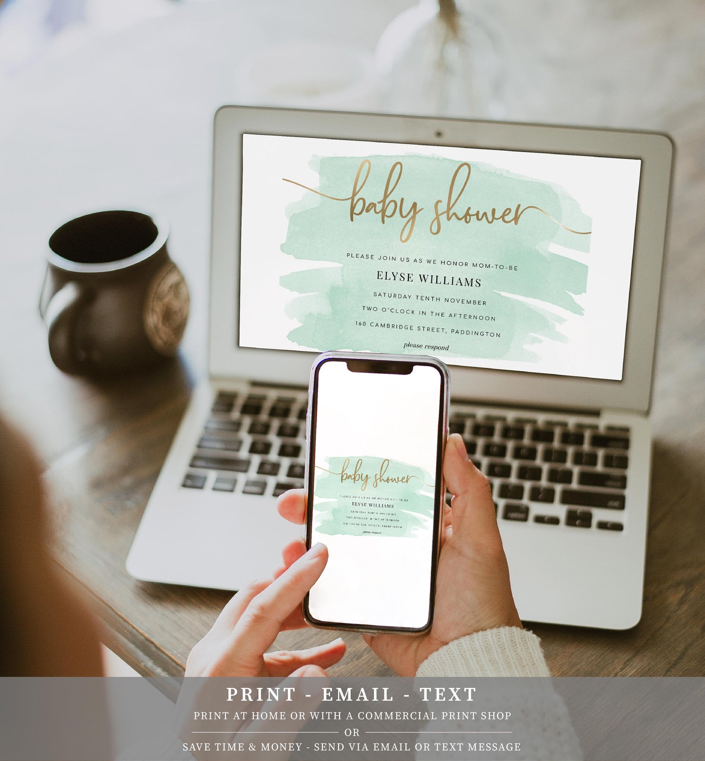 Watercolour Green | Printable Baby Shower Invitation Suite - Black Bow Studio