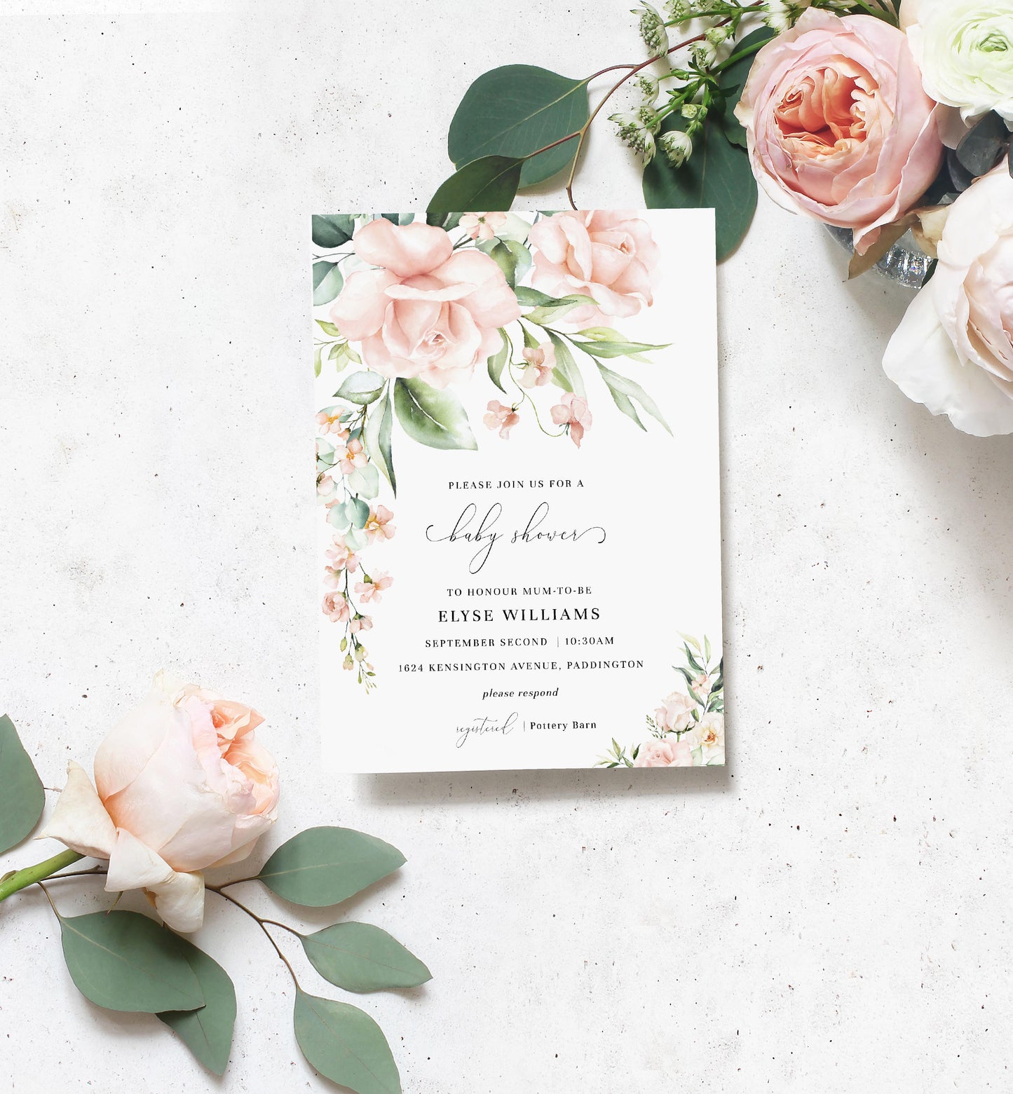 Pemberley Floral Pink | Printable Baby Shower Invitation Suite - Black Bow Studio