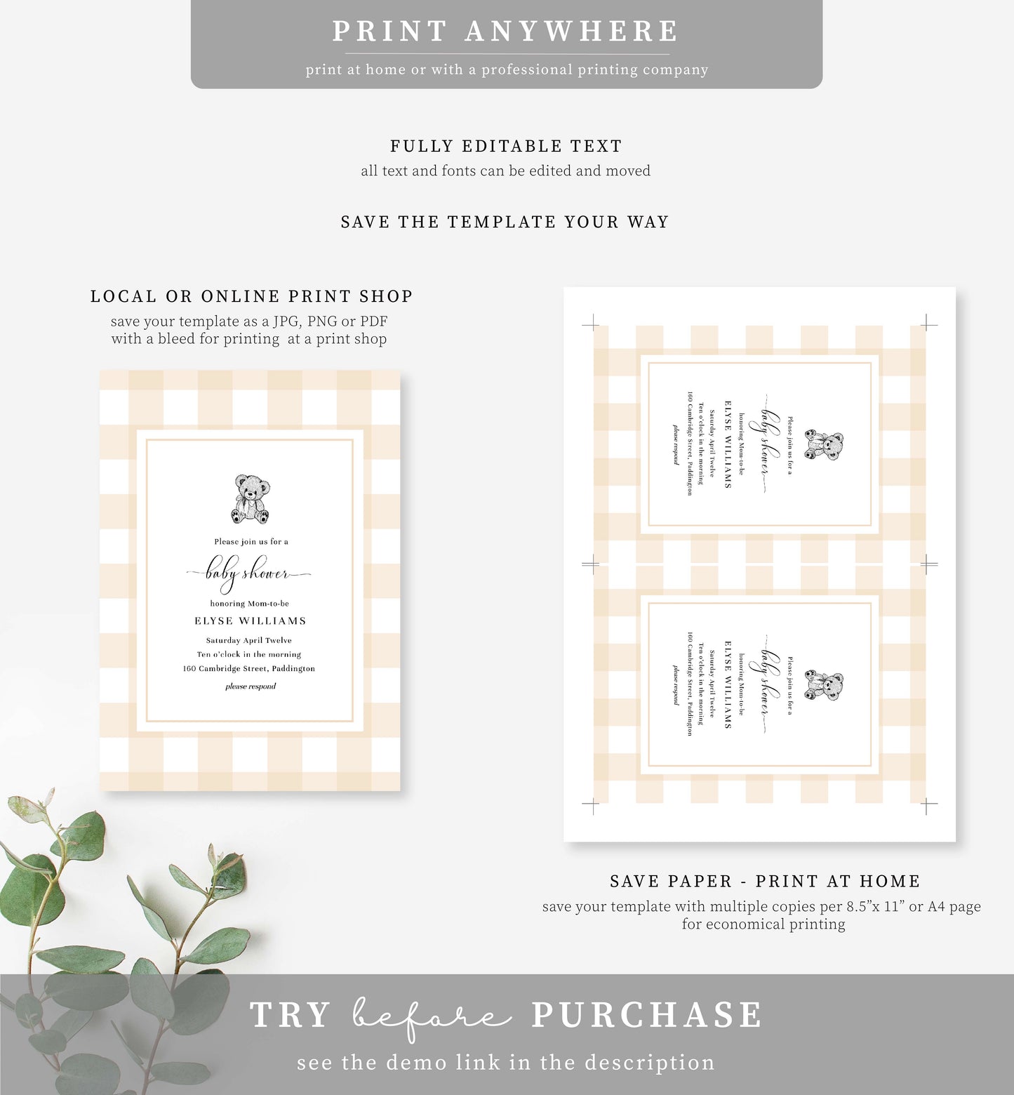 Gingham Tan Bear | Printable Baby Shower Invitation Template