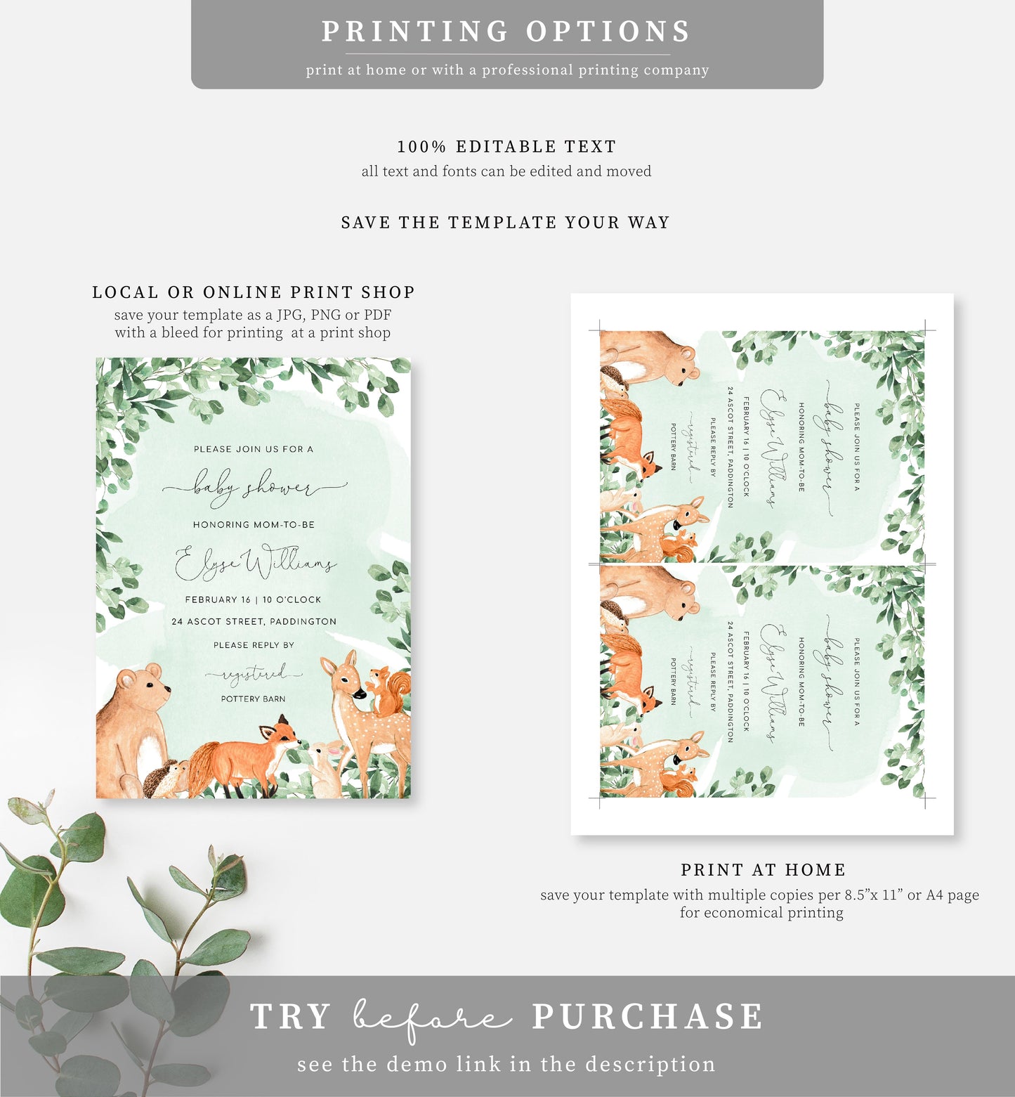 Woodland Animals Green | Printable Baby Shower Invitation Suite