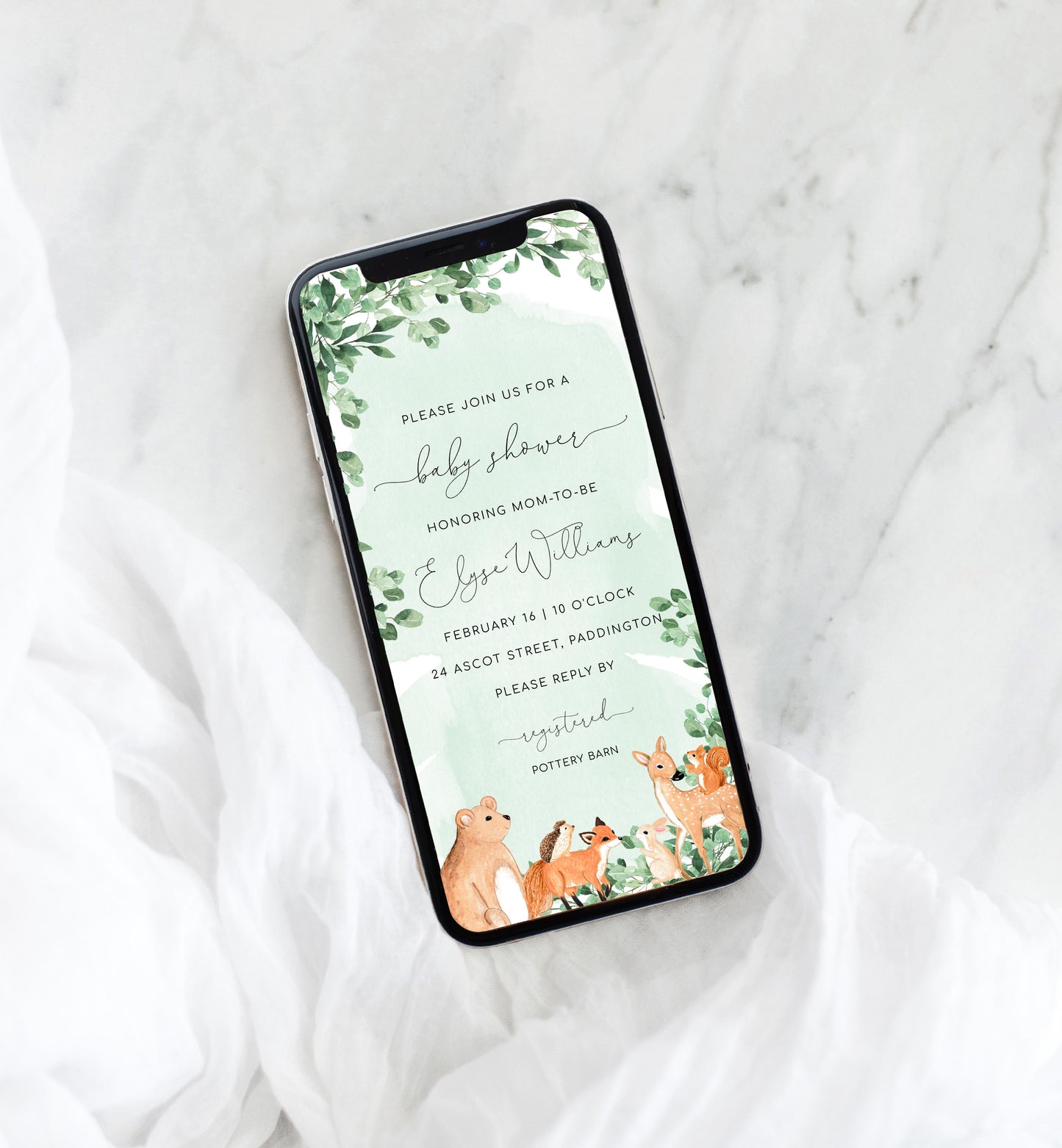 Woodland Animals Green | Smartphone Baby Shower Invitation Template