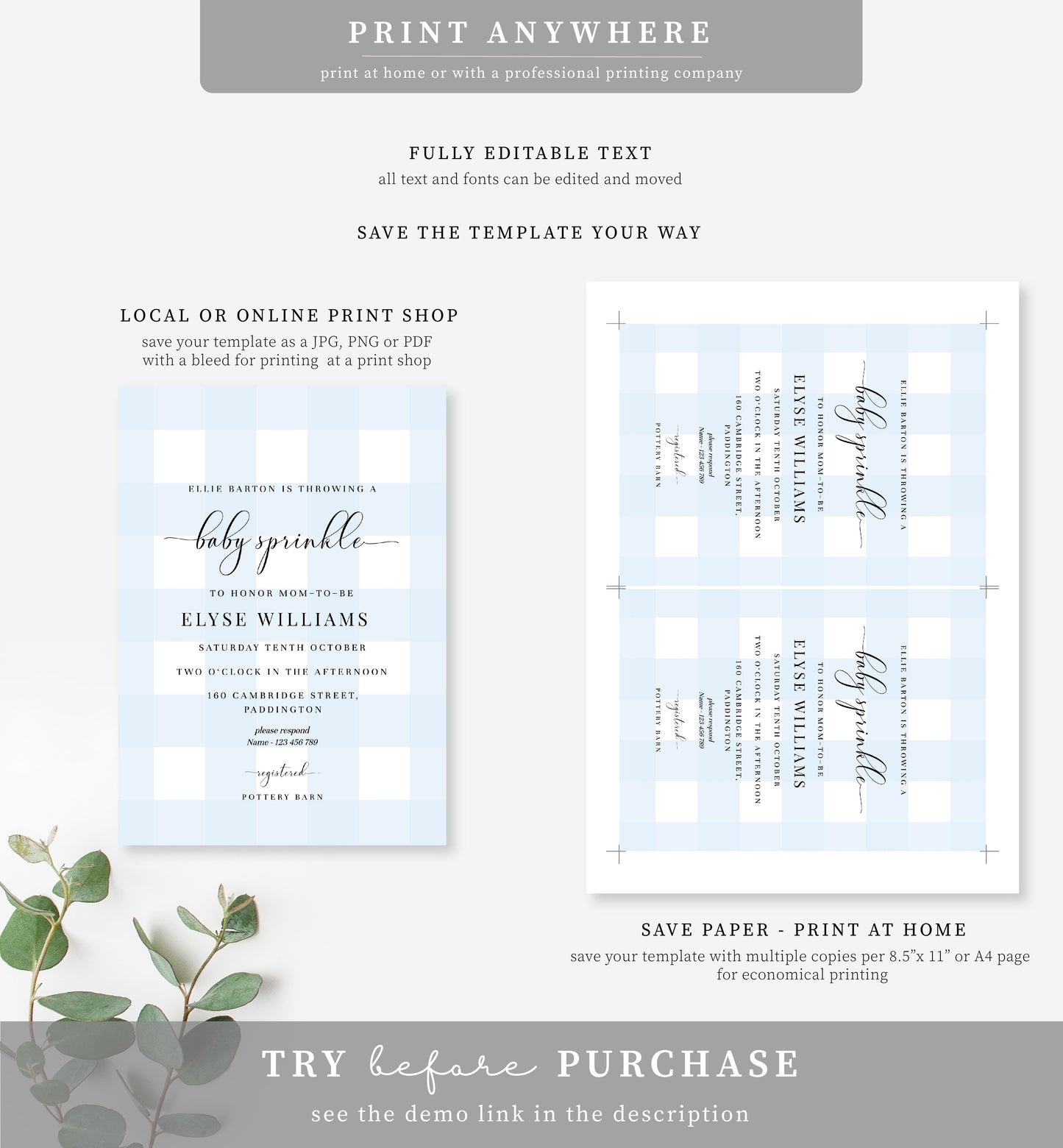 Gingham Blue | Printable Baby Sprinkle Invitation Suite Template