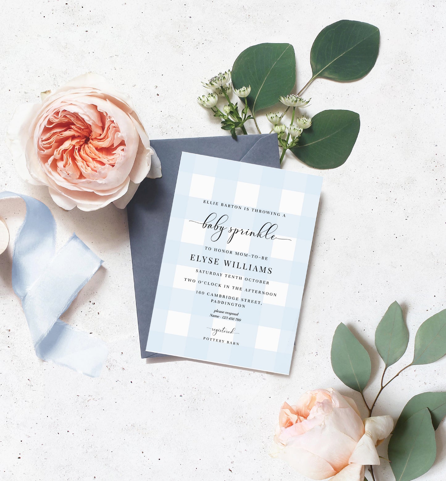 Gingham Blue | Printable Baby Sprinkle Invitation Suite Template