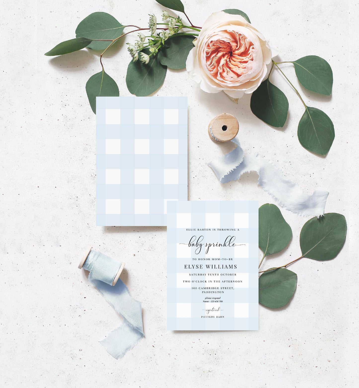 Gingham Blue | Printable Baby Sprinkle Invitation Suite Template