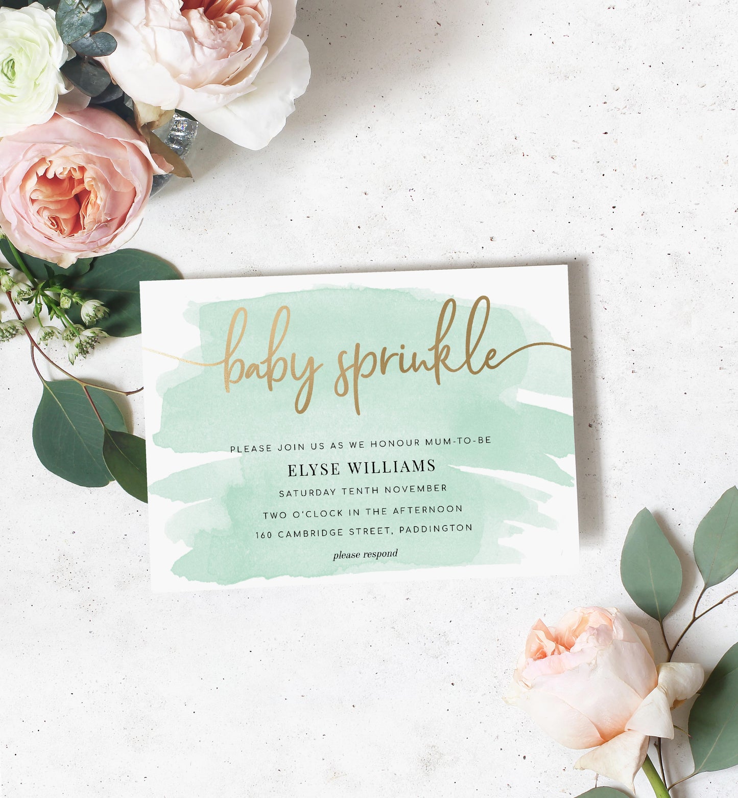 Watercolour Green | Printable Baby Sprinkle Invitation - Black Bow Studio