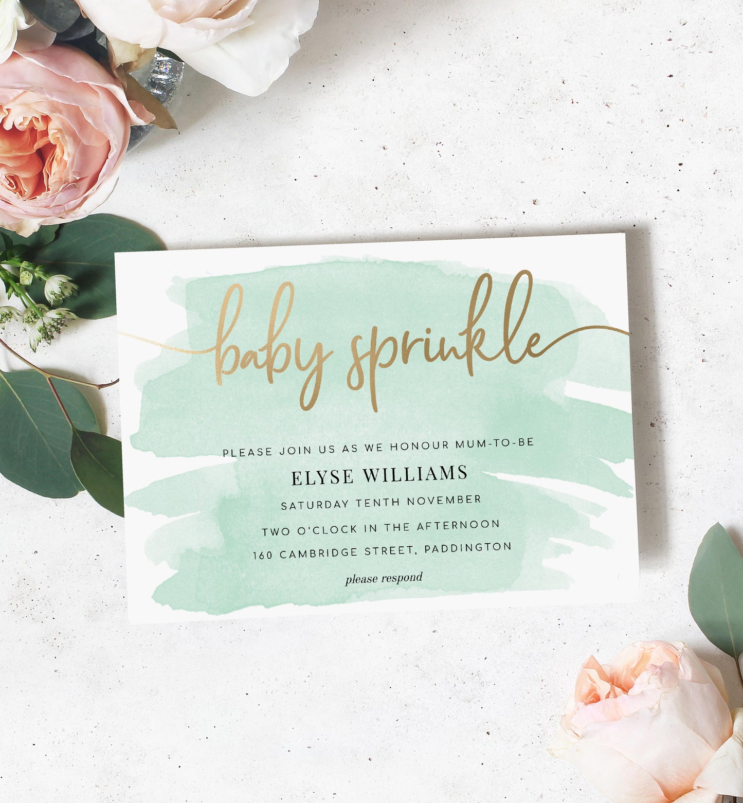 Watercolour Green | Printable Baby Sprinkle Invitation - Black Bow Studio